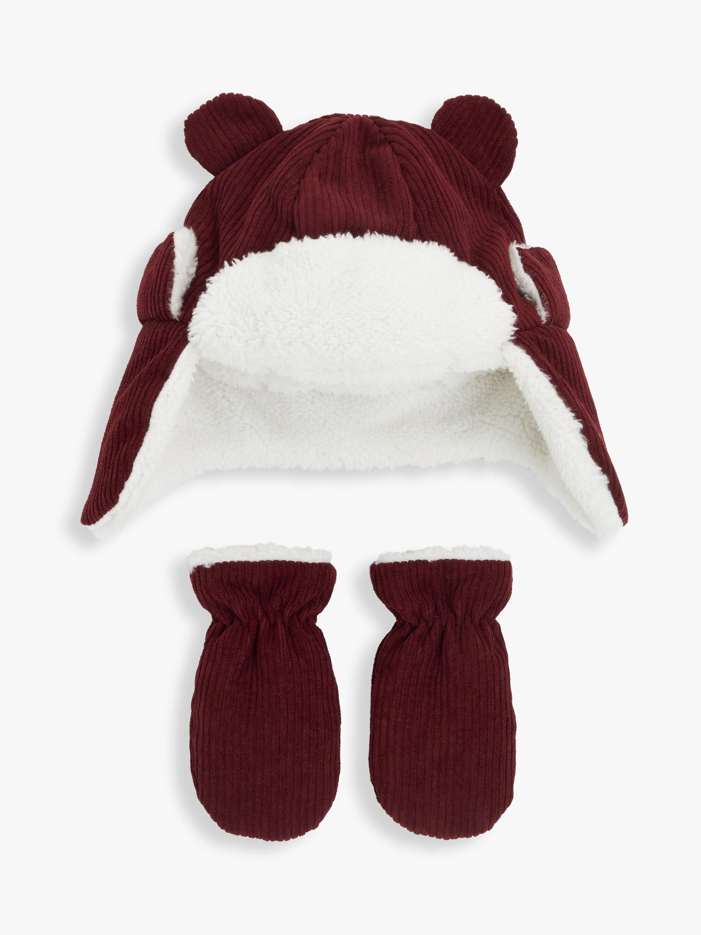John Lewis Baby Corduroy Trapper Hat & Mitten Set, Maroon