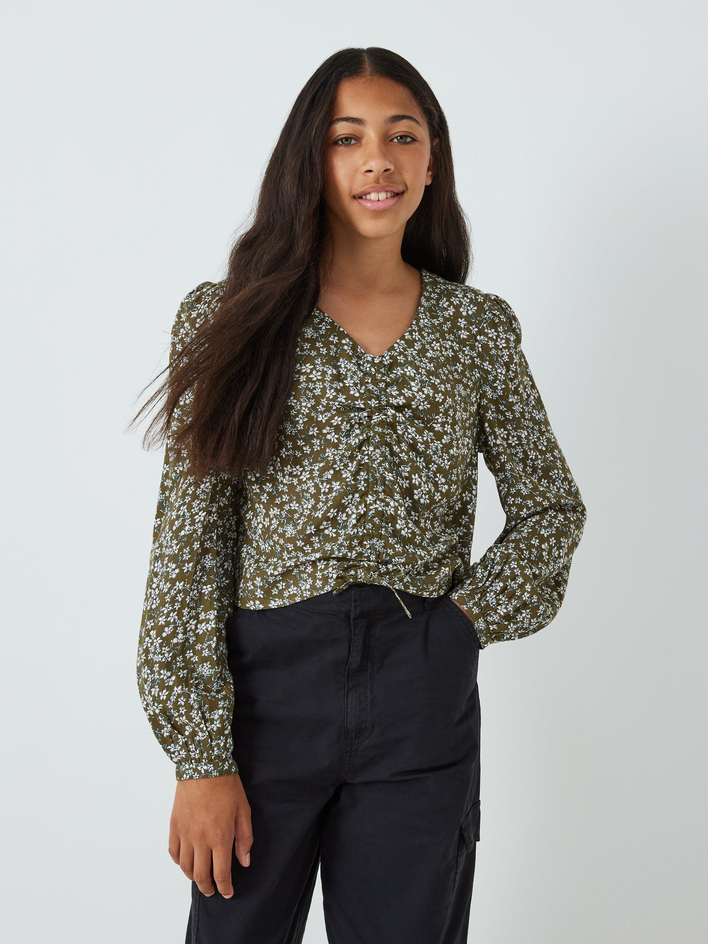 John Lewis Kids' Ditsy Floral Ruched Blouse, Khaki/Multi