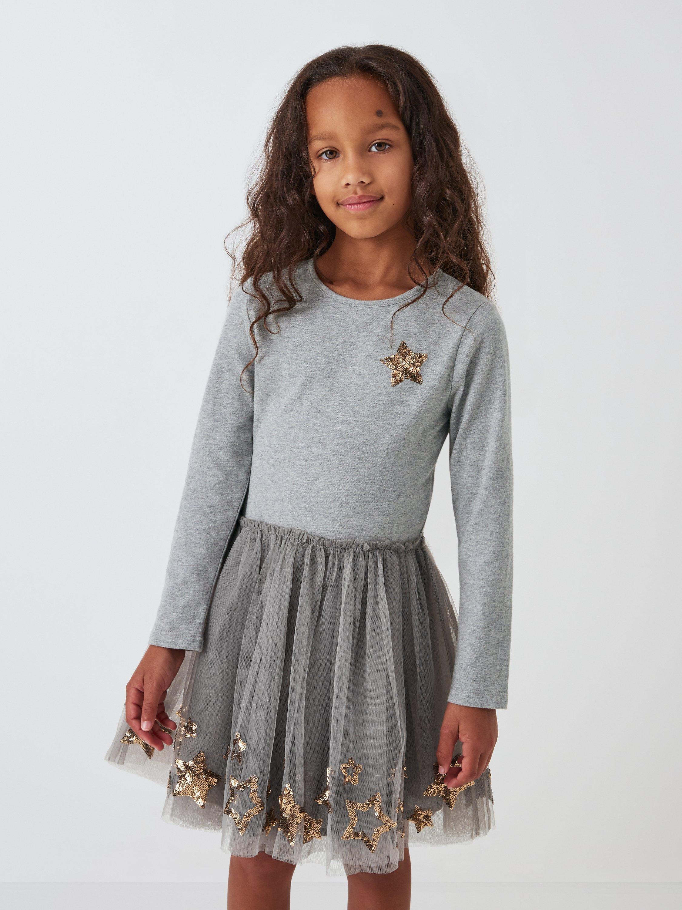 John Lewis Kids' Sequin Star Tulle Party Dress, Grey Marl