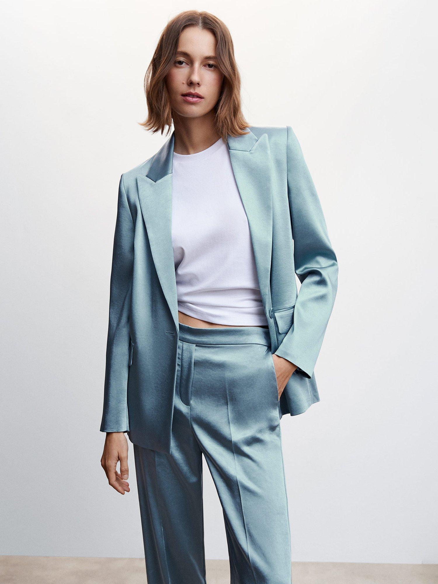 Mango Nicole Satin Finish Blazer, Pastel Blue