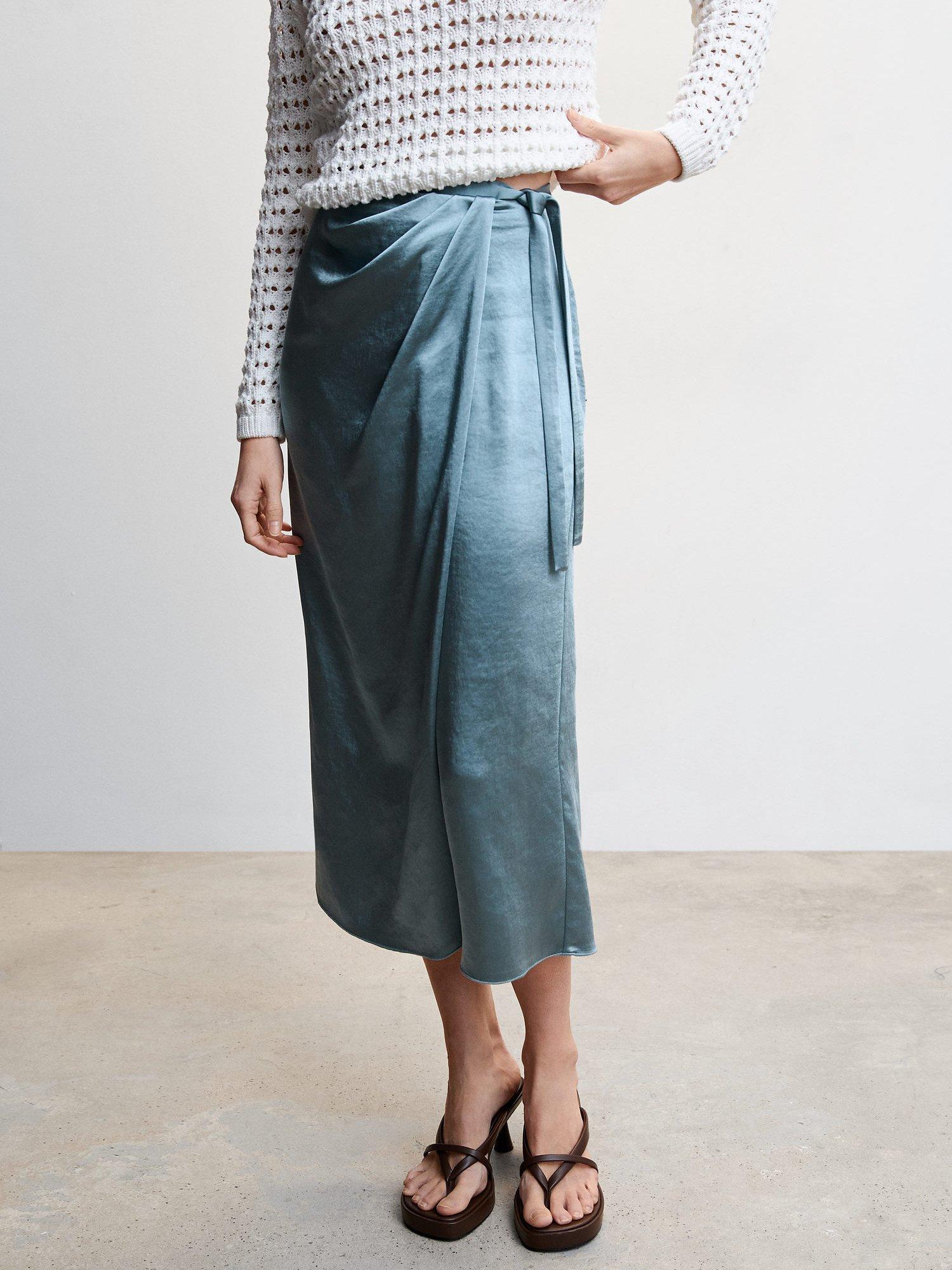 Mango Tie Detail Satin Midi Skirt, Turquoise