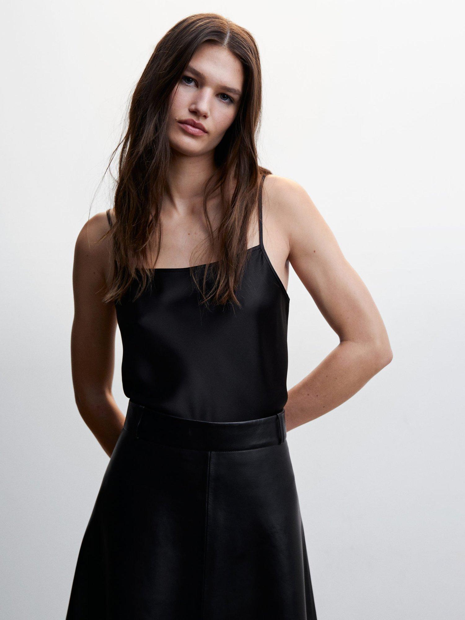 Mango Llanes Satin Lace Top, Black