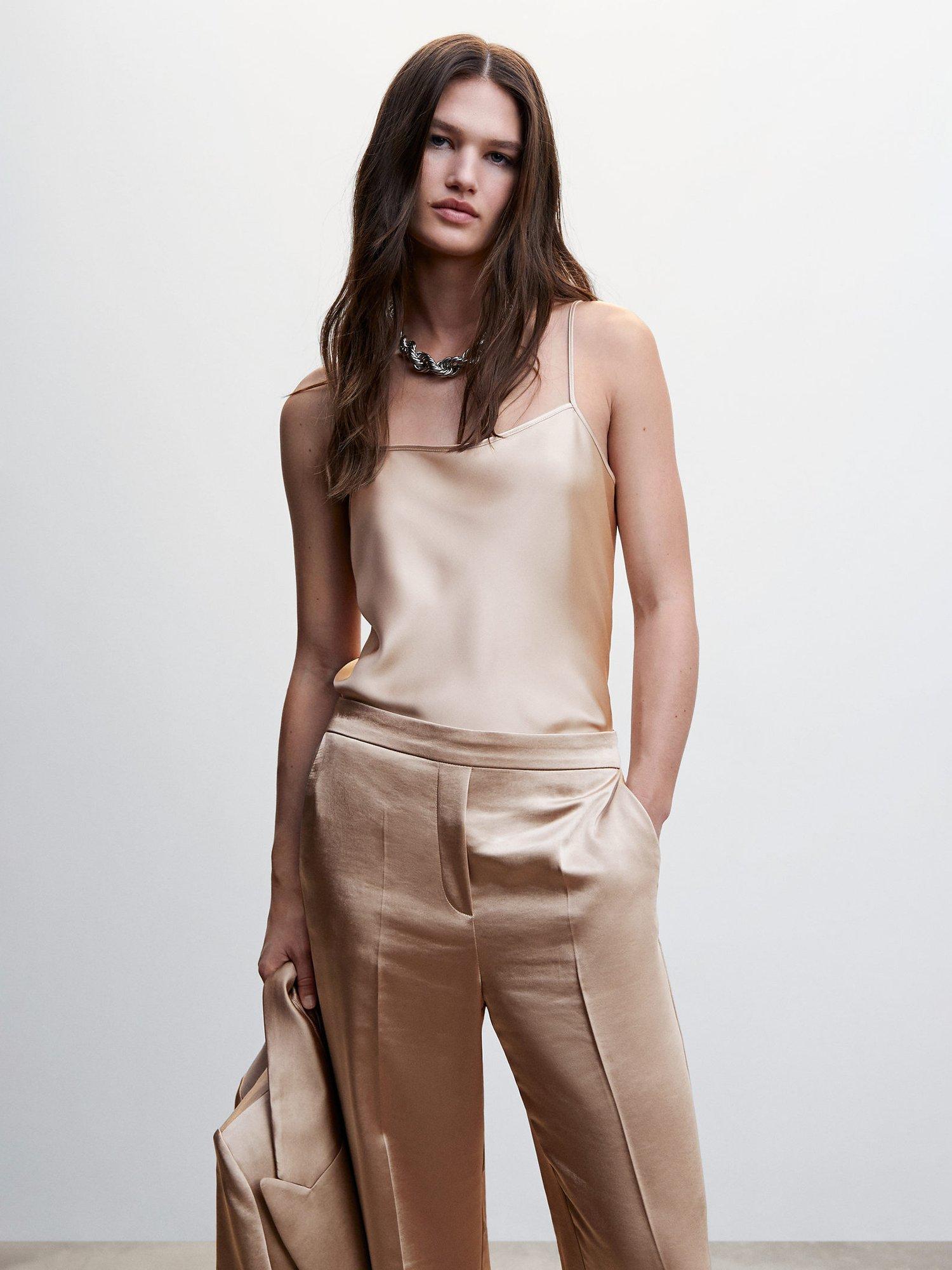 Mango Llanes Satin Lace Top, Light Beige