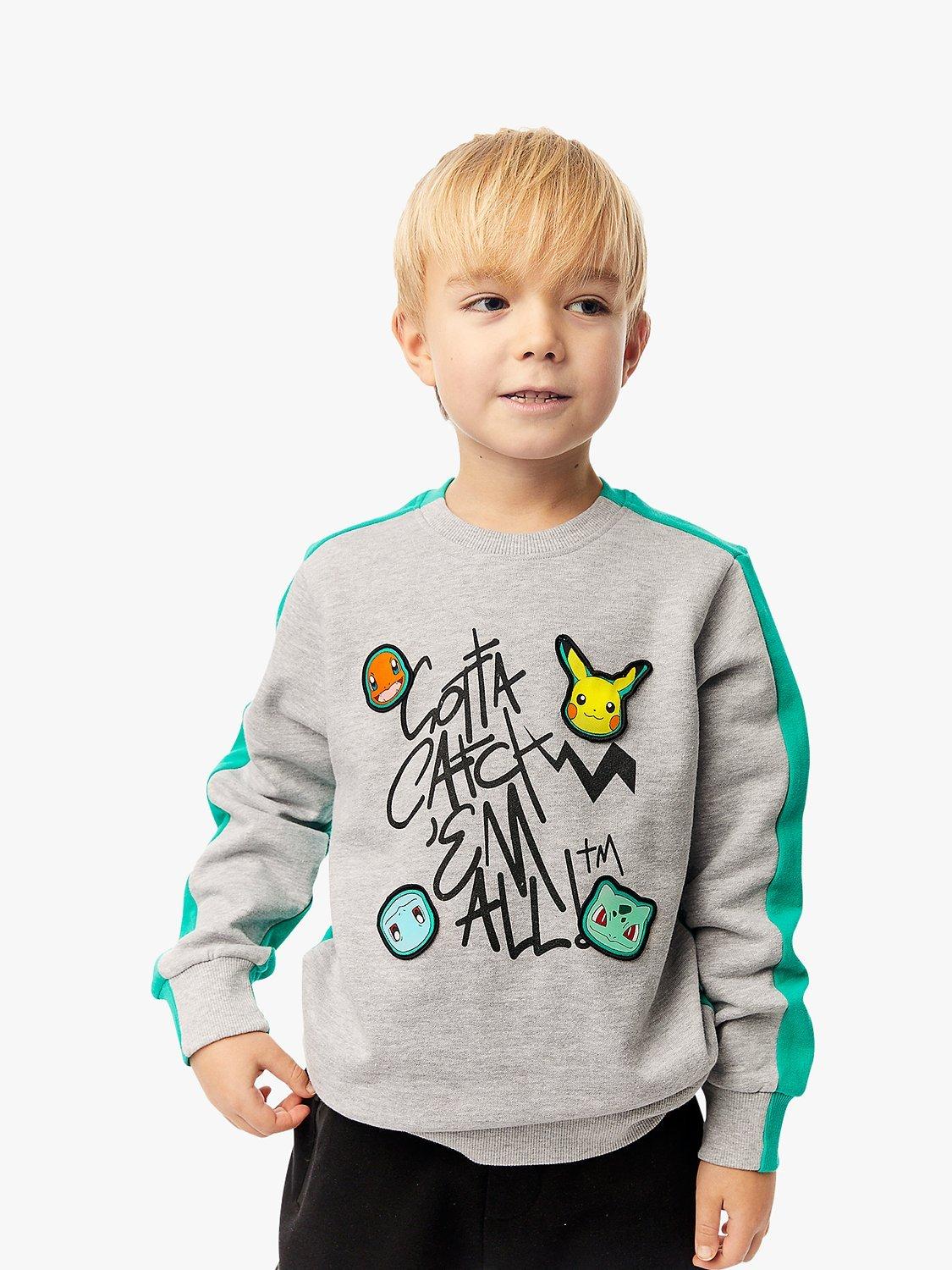 Fabric Flavours Kids Pokemon Colour Block Sweatshirt Grey Marl Green