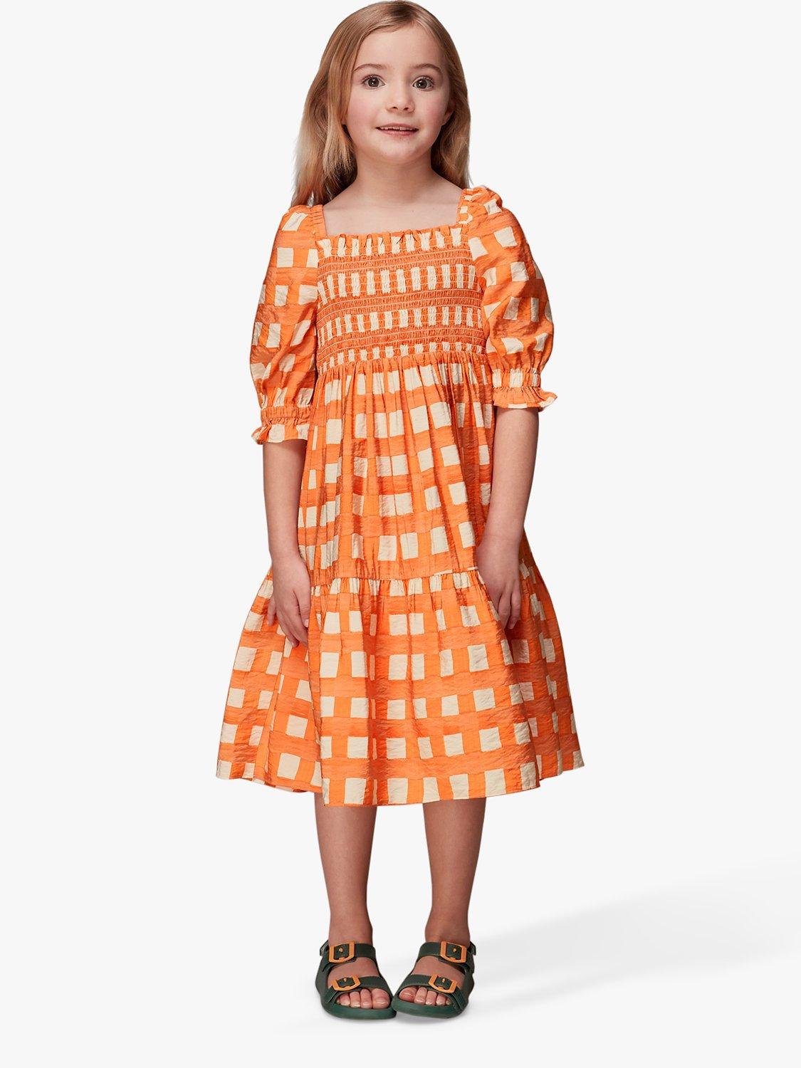Whistles Kids' Eden Smocked Bodice Dress, Orange/Multi