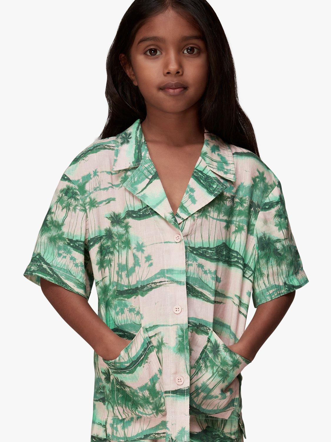 Product image 1 of 6, which shows Whistles Kids' Sammy Waving Palms Shirt, Pink/Multi, 3-4 years