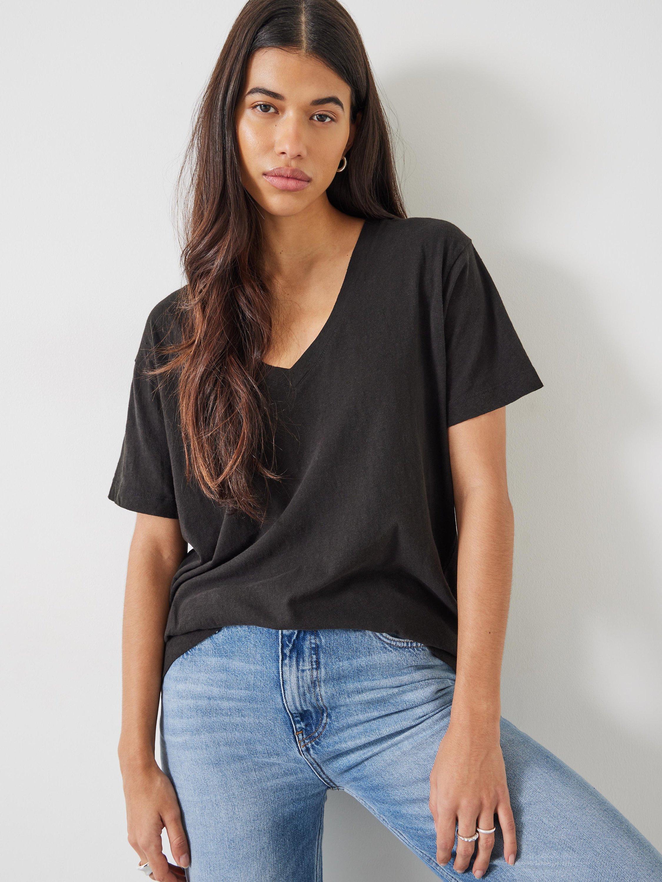 HUSH Plain Deep V Neck Linen Blend T Shirt