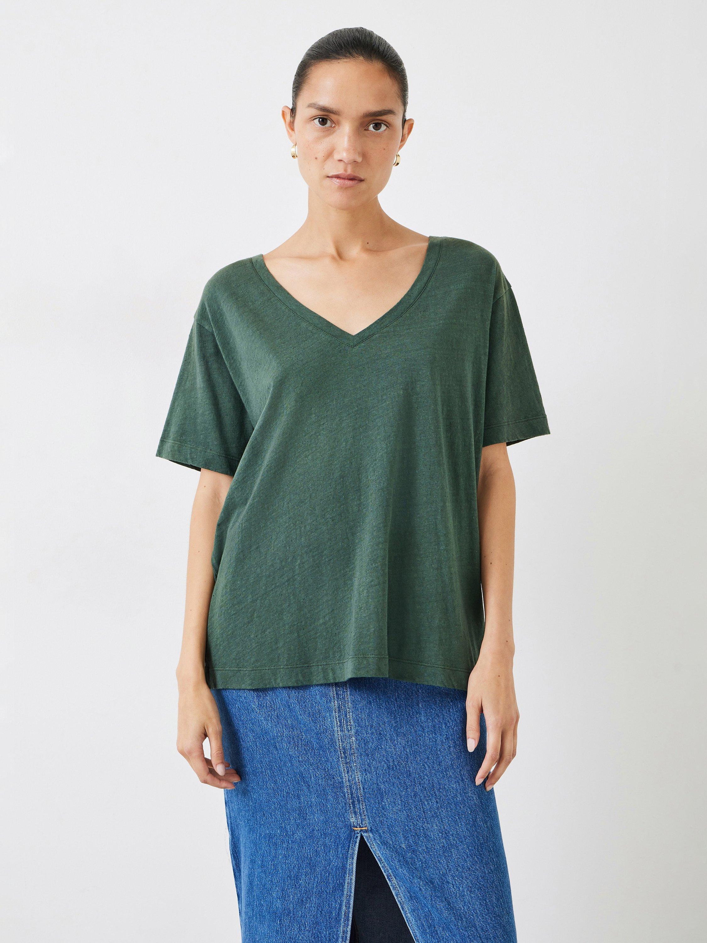 Product image 1 of 5, which shows HUSH Plain Deep V-Neck Linen Blend T-Shirt, Khaki, XXS