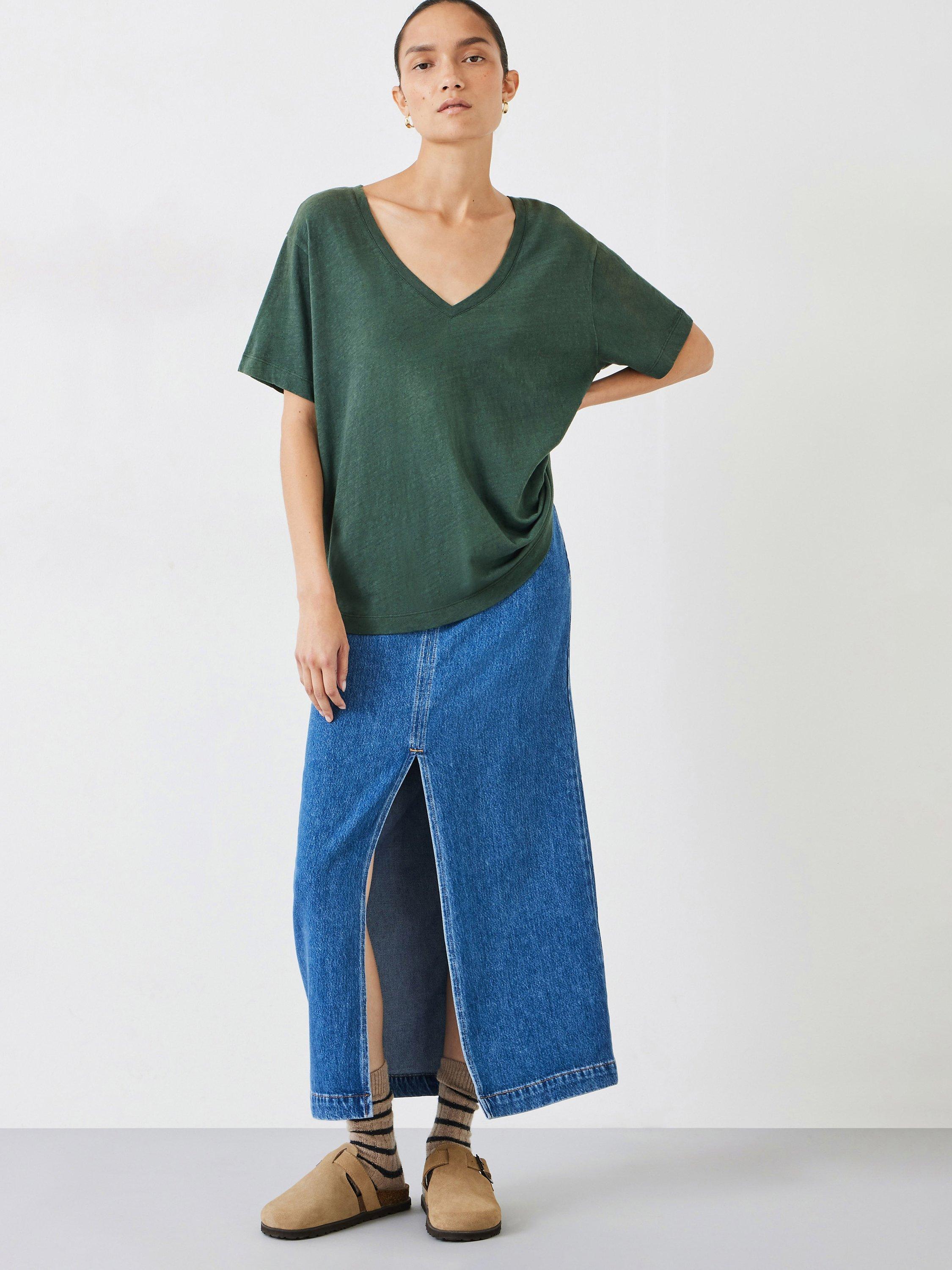Product image 2 of 5, which shows HUSH Plain Deep V-Neck Linen Blend T-Shirt, Khaki, XXS