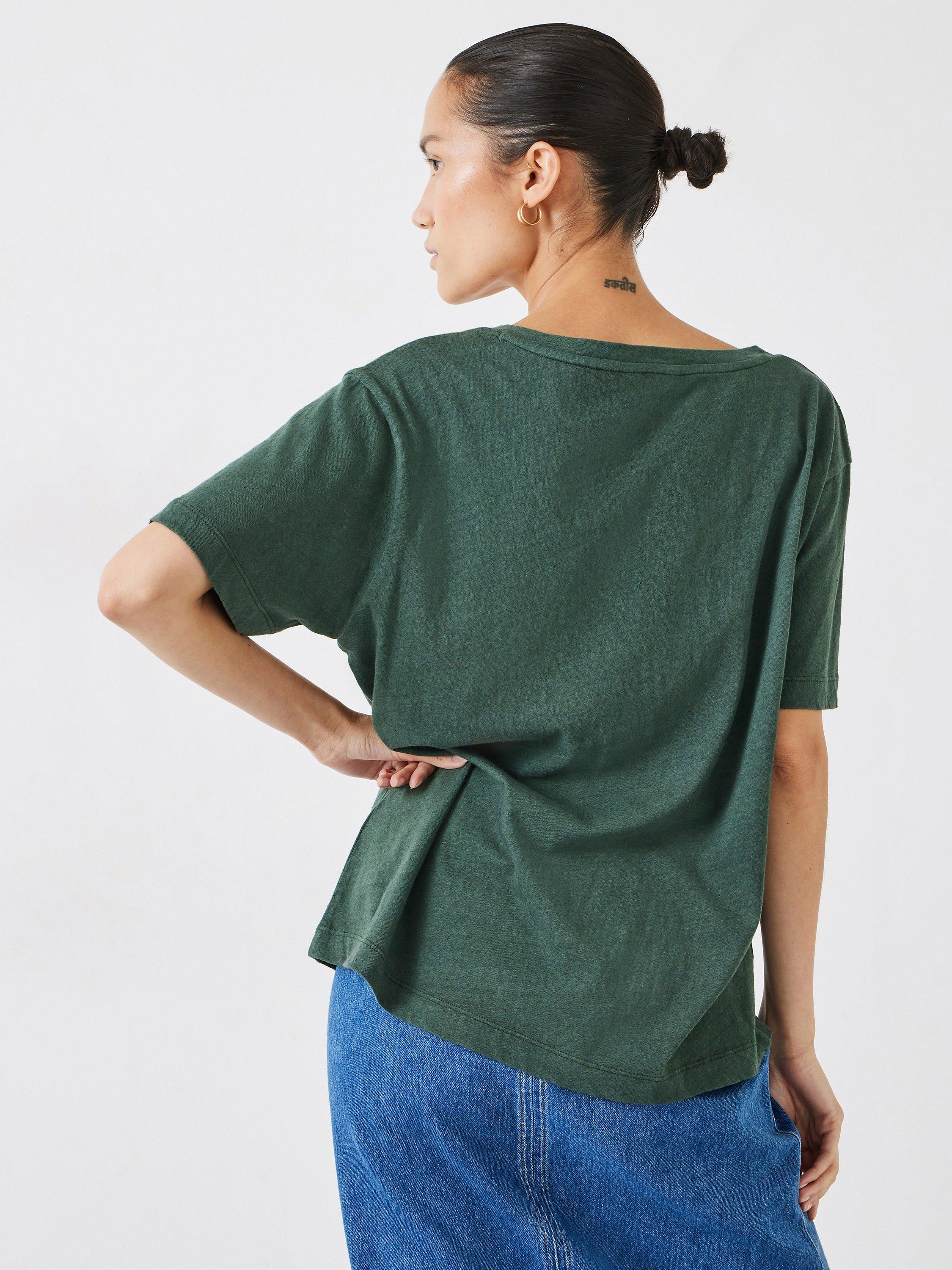 Product image 3 of 5, which shows HUSH Plain Deep V-Neck Linen Blend T-Shirt, Khaki, XXS