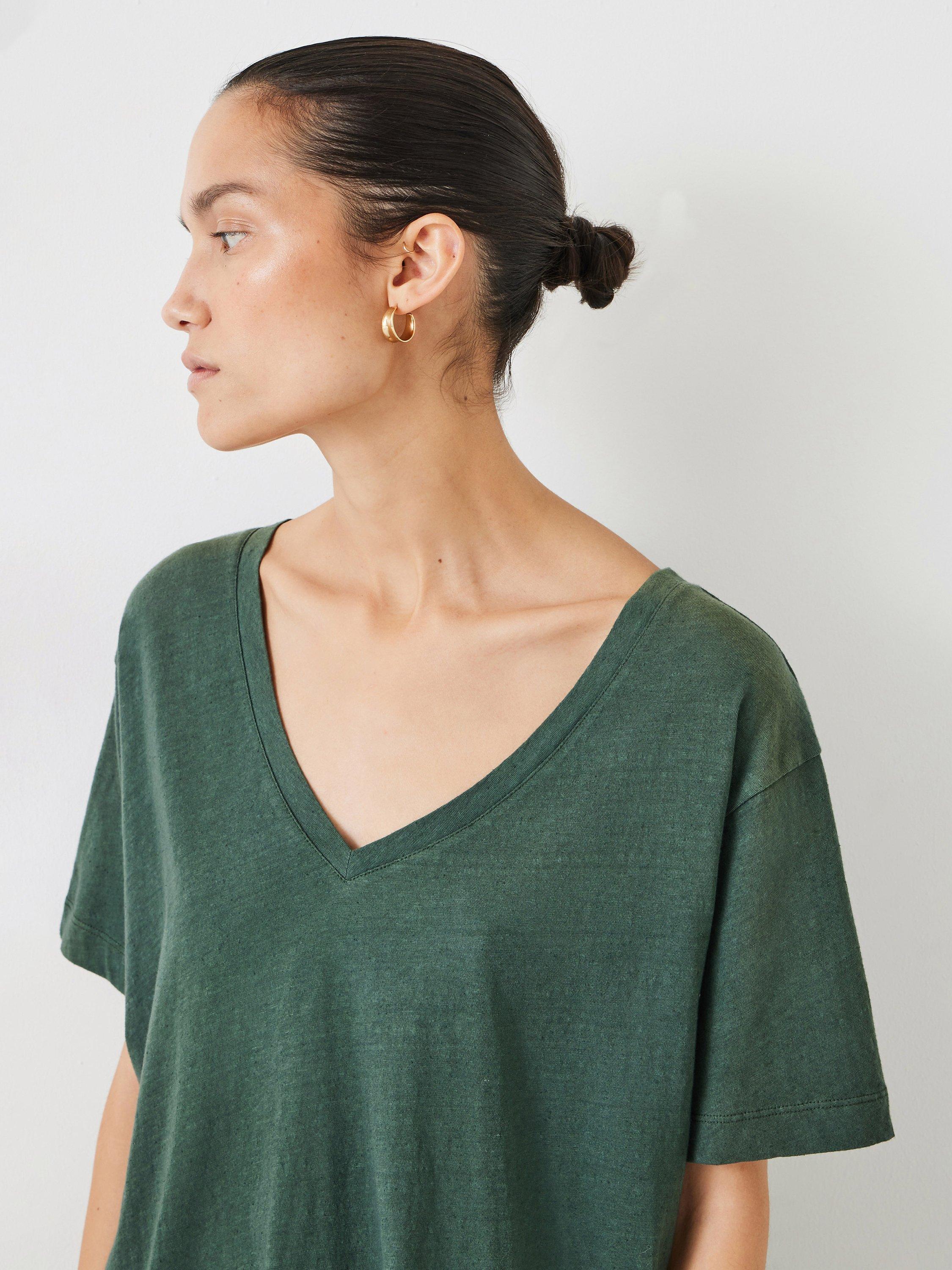 Product image 5 of 5, which shows HUSH Plain Deep V-Neck Linen Blend T-Shirt, Khaki, XXS