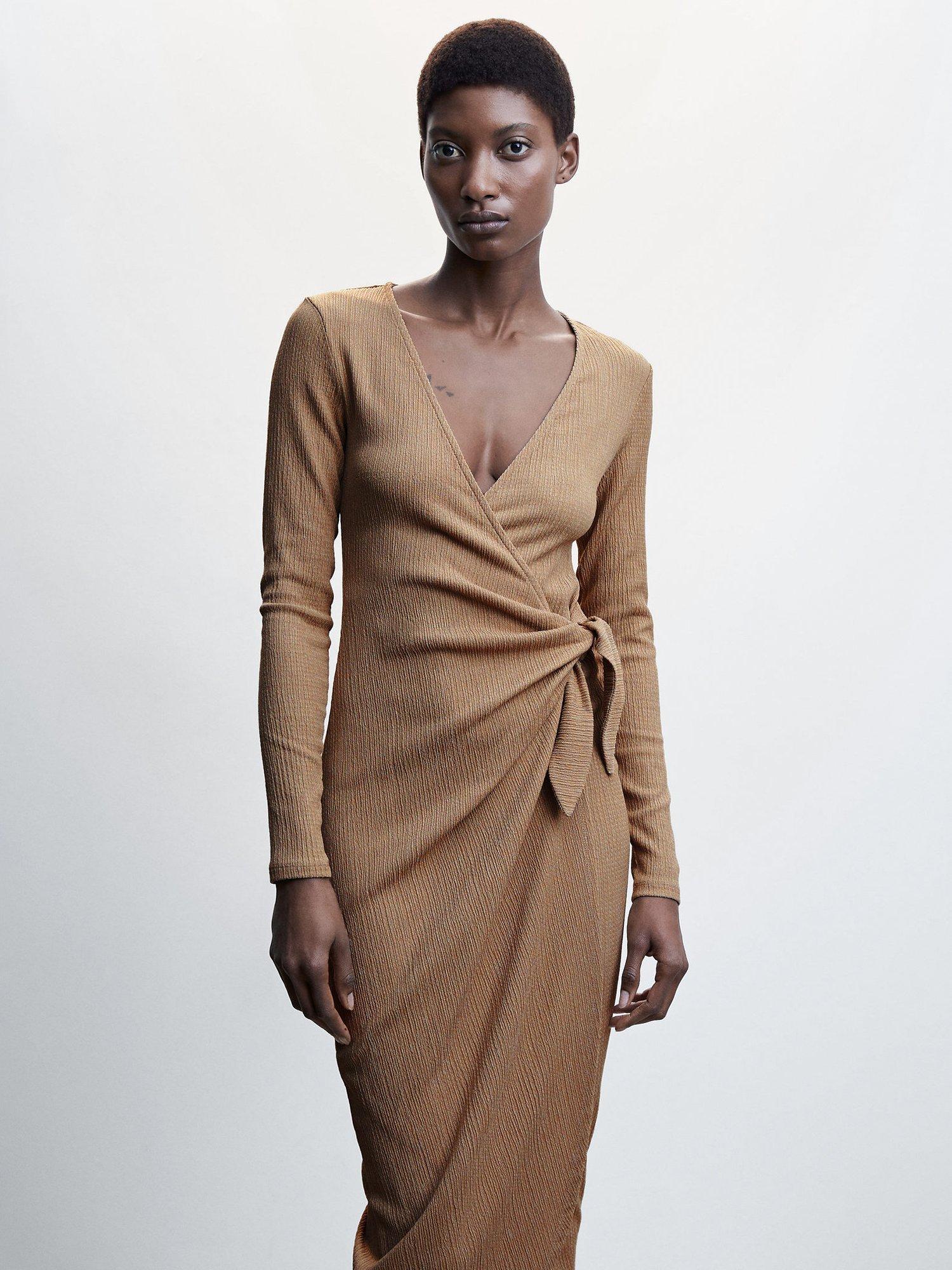 Mango Amazing Ribbed Wrap Dress, Pastel Brown