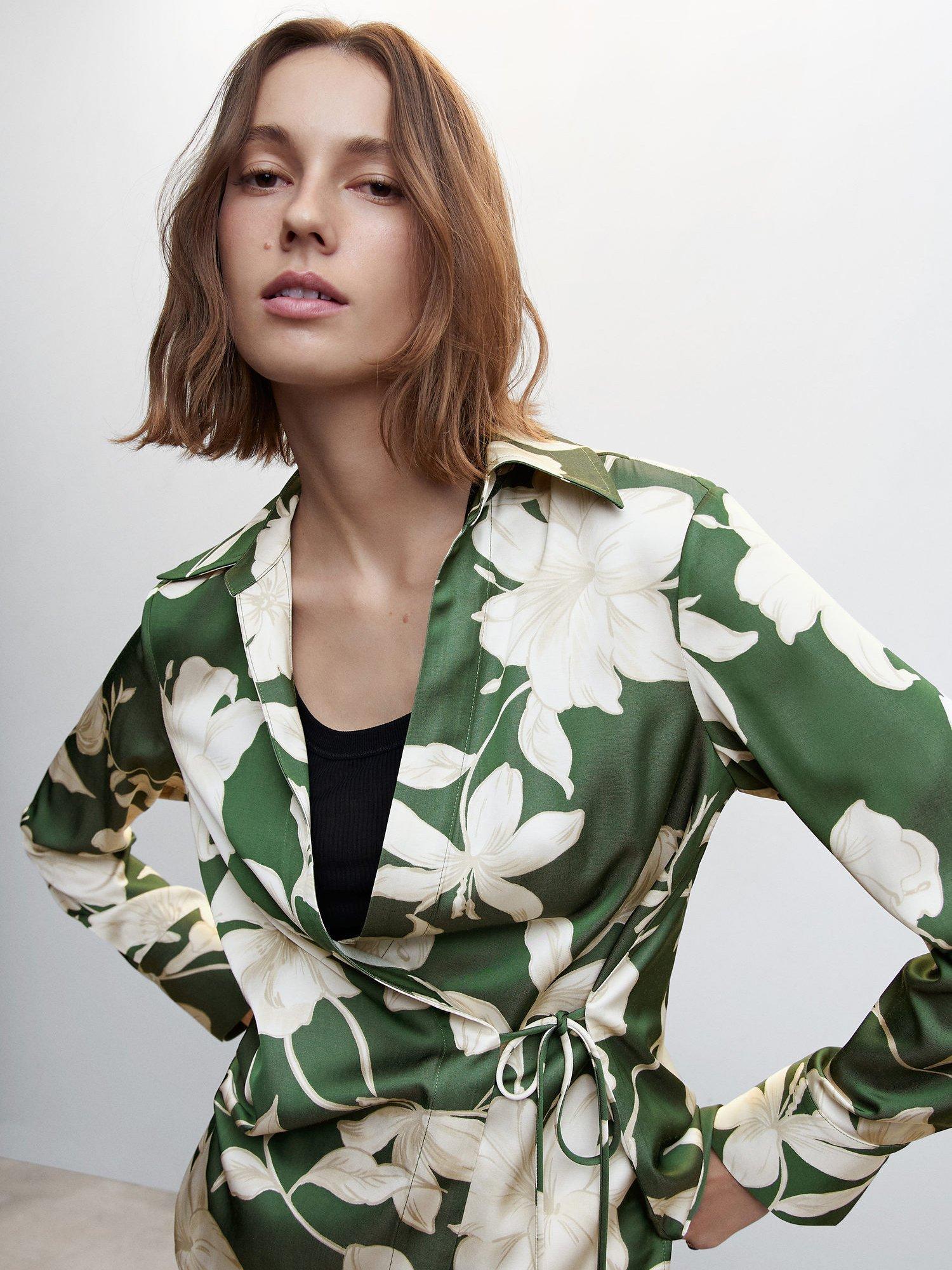 Mango Grass Side Tie Floral Print Shirt, Green