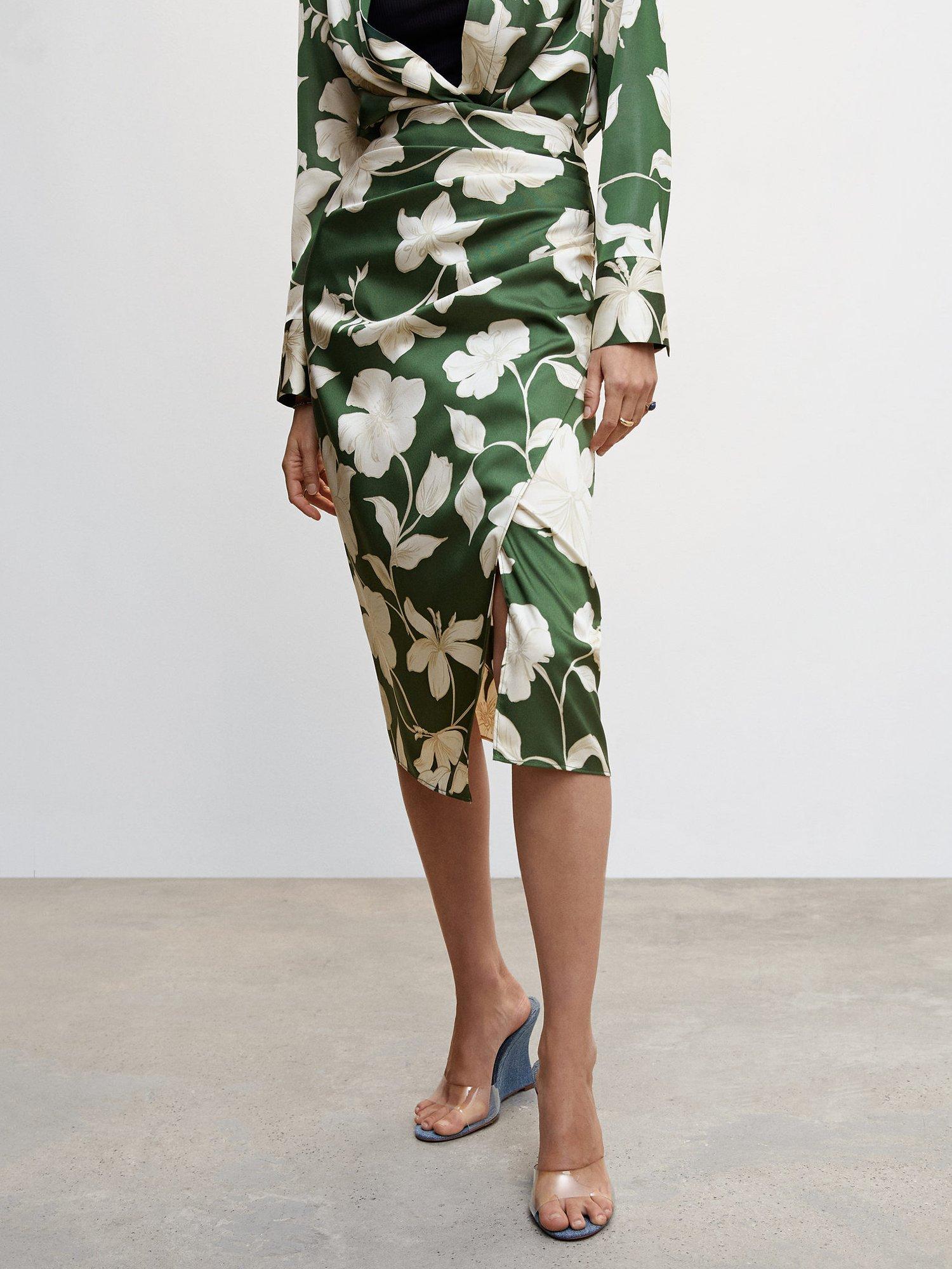 Mango Floral Wrap Midi Skirt, Khaki