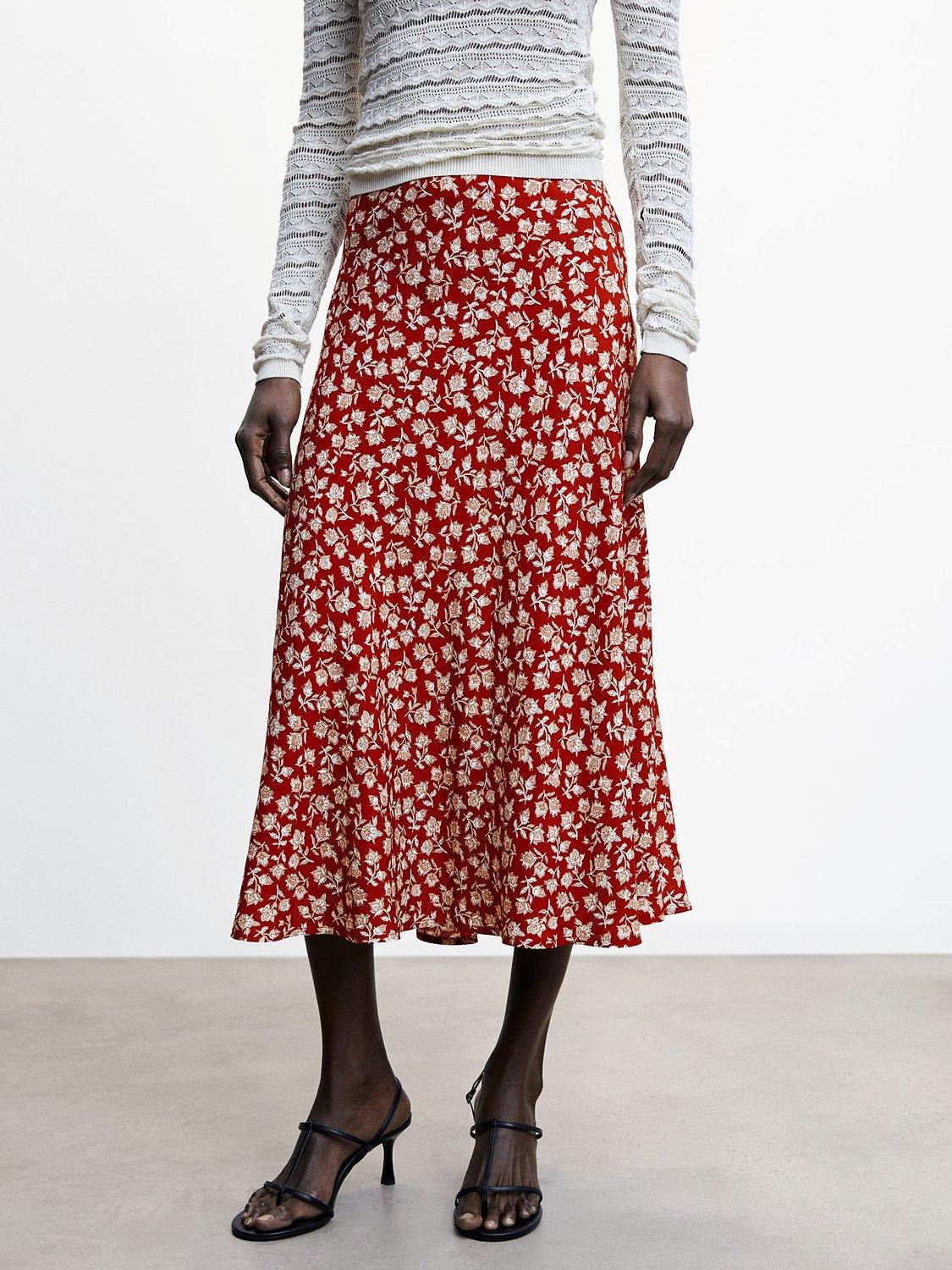 Mango Bombay Floral Slit Midi Skirt, Red