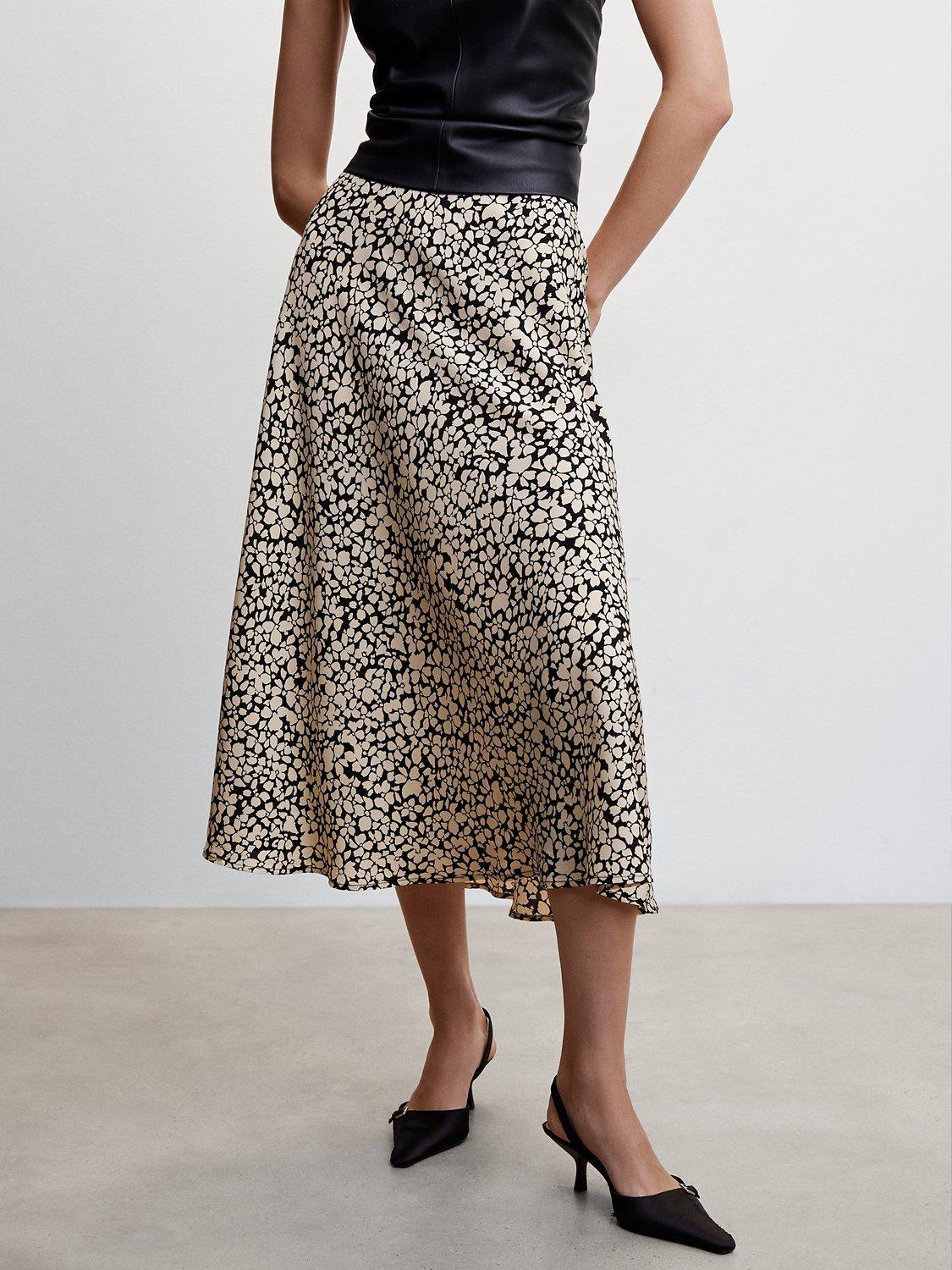 Mango Bombay Floral Slit Midi Skirt, Black