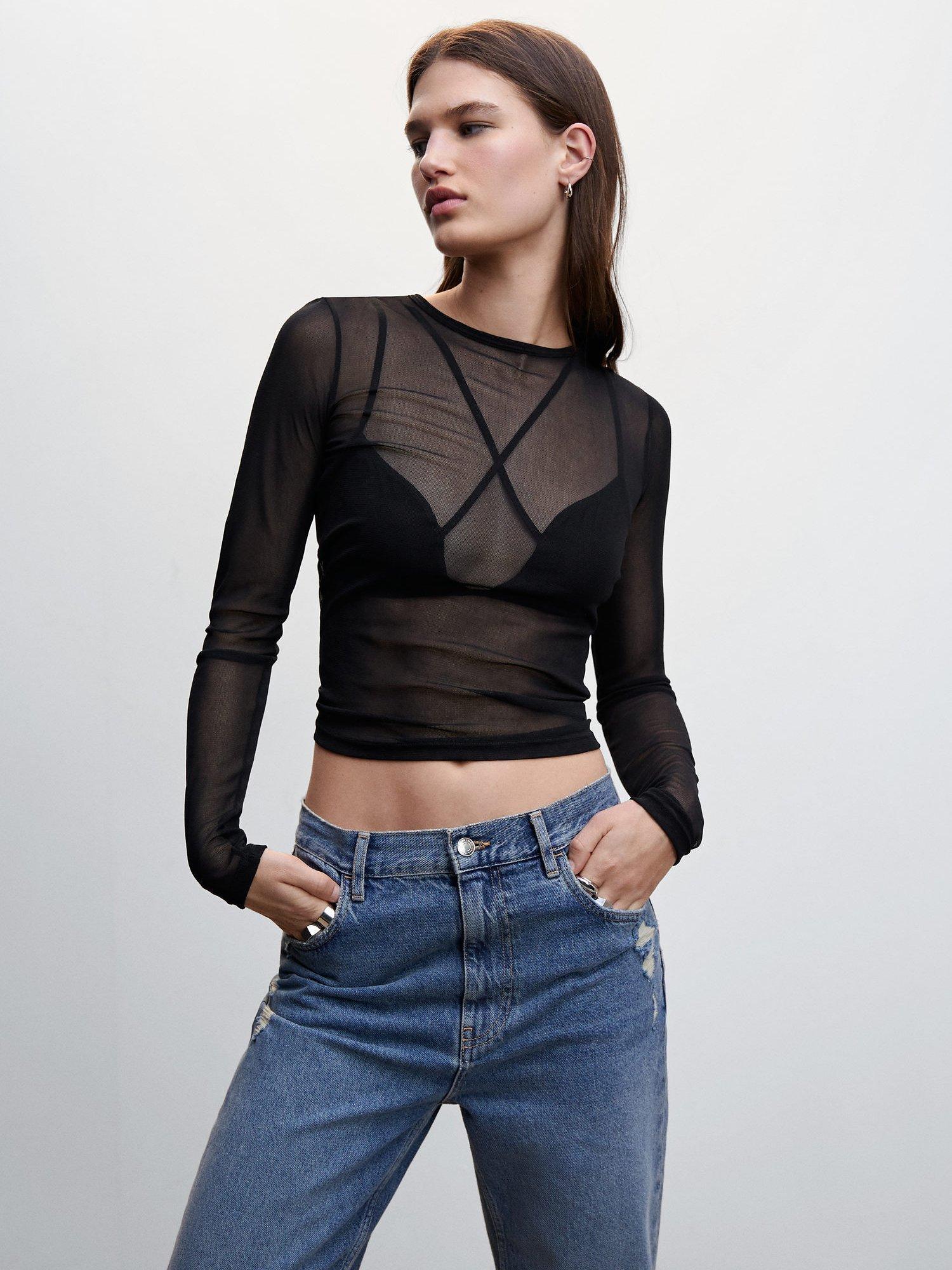 Mango Fred Sheer Long Sleeve Top, Black