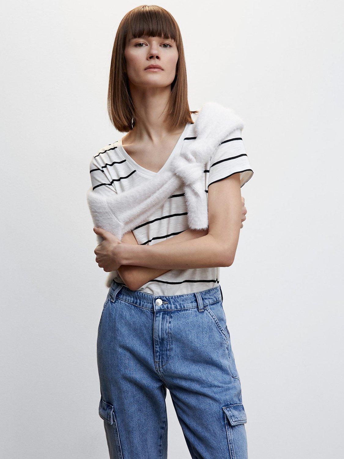 Mango Linda V-Neck Striped T-Shirt, White