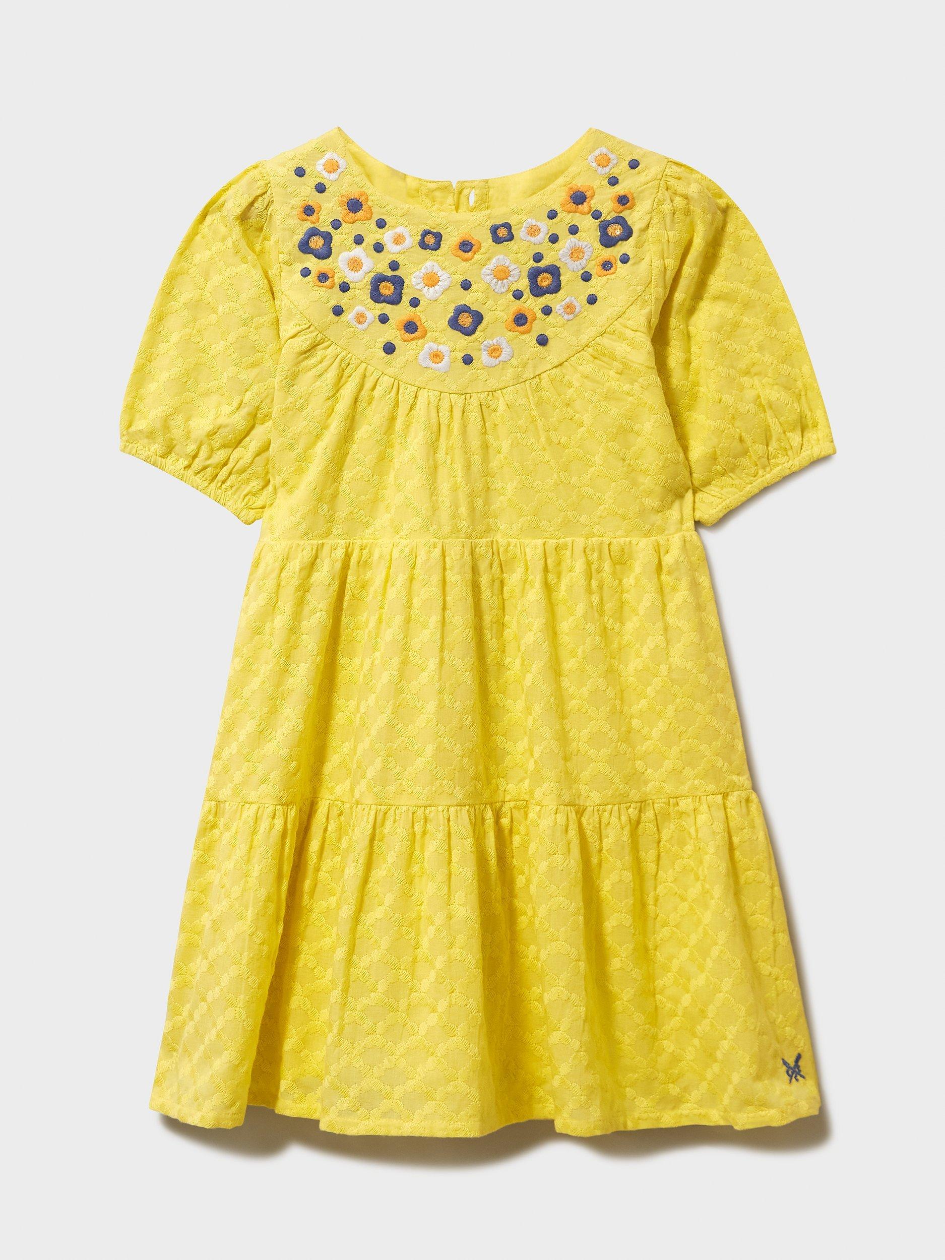 Crew Clothing Kids' Embroidered Smock Dress, Lemon Yellow