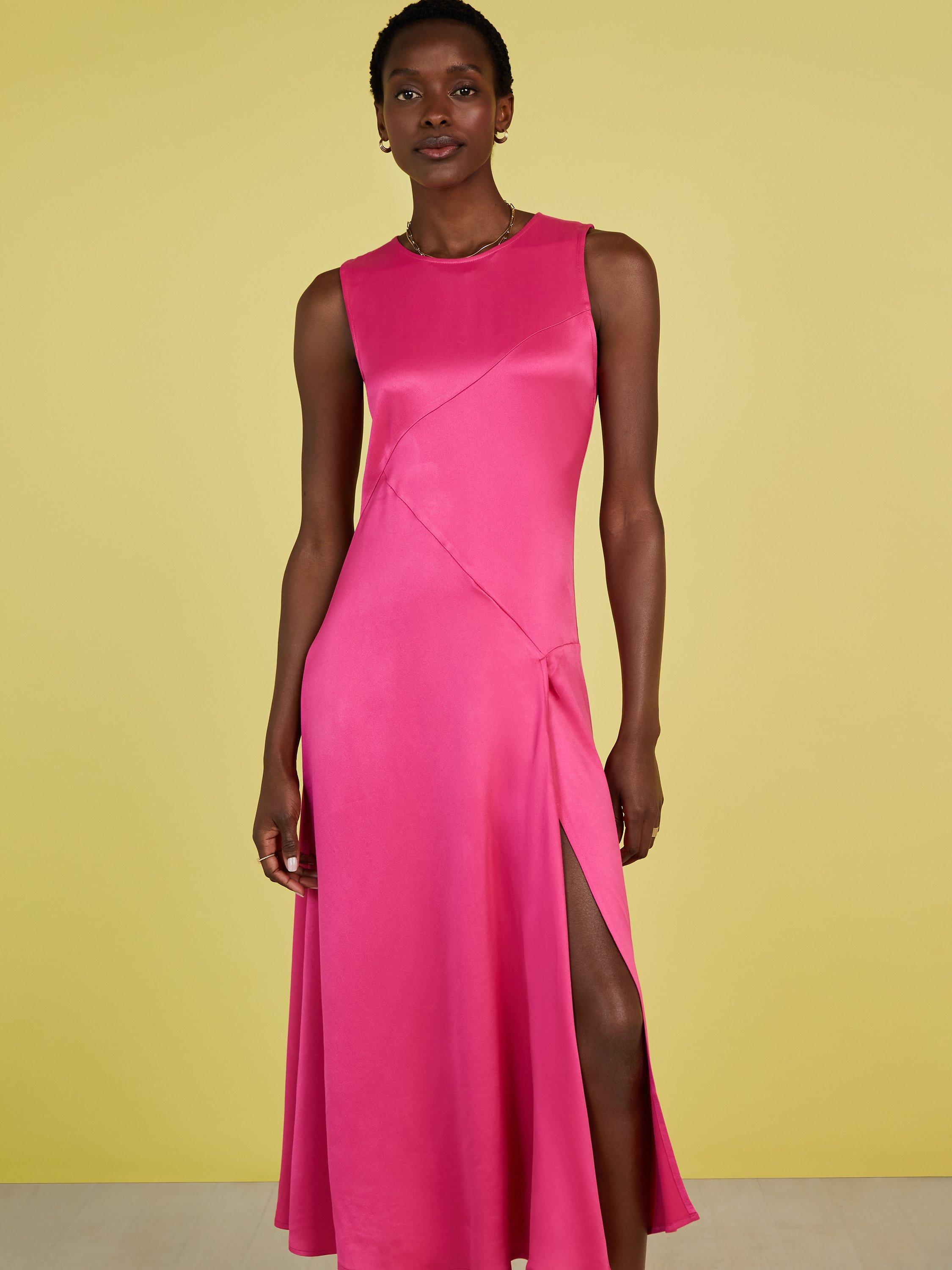 Baukjen Soleil Satin Side Slit Midi Dress Hyper Pink