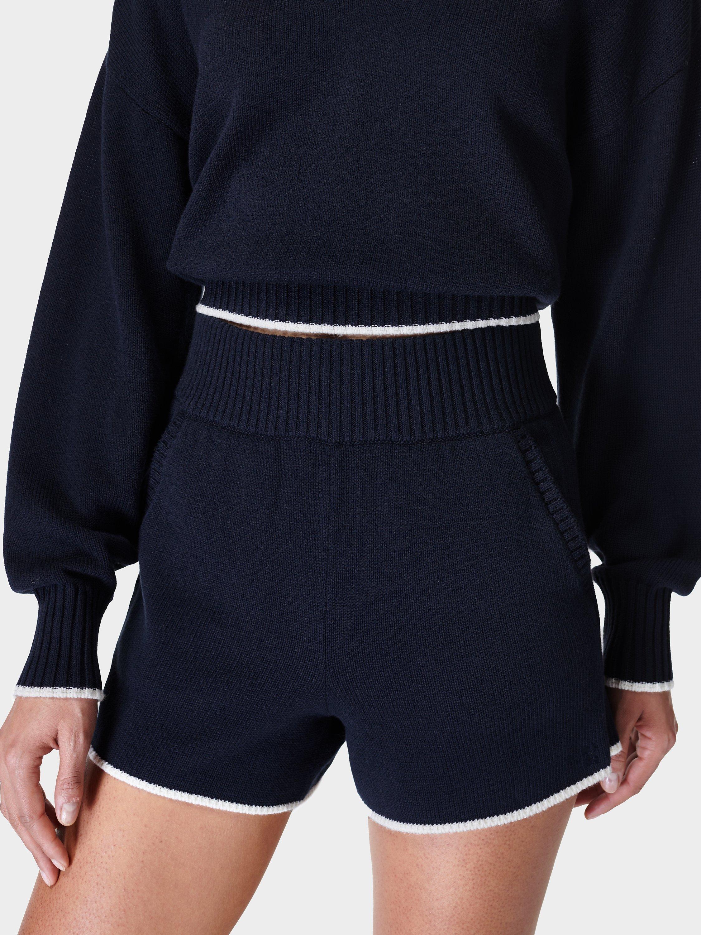Sweaty Betty Organic Cotton Coastal Knit Silk Blend Shorts, Navy Blue