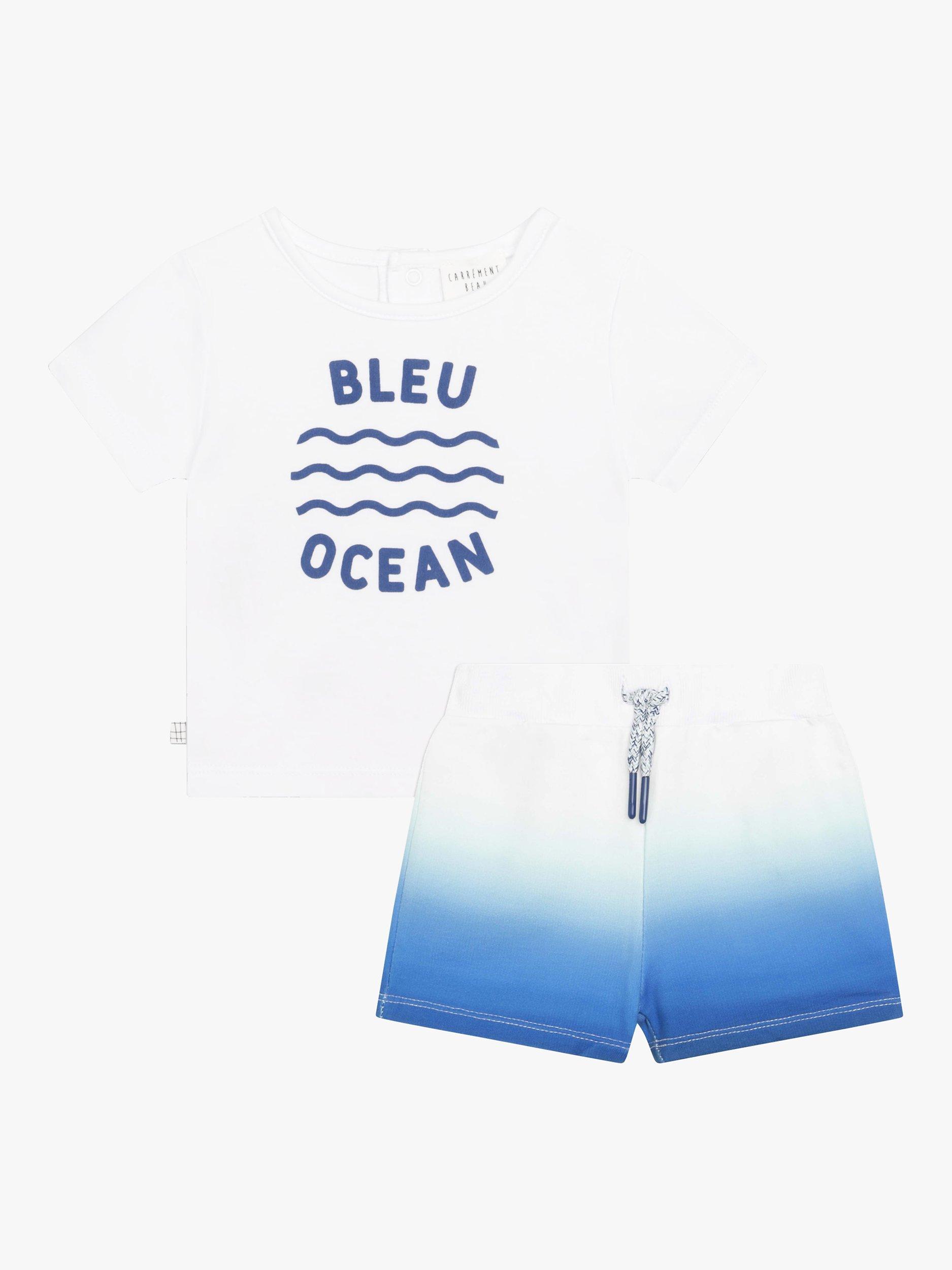 Carrément Beau Baby "Bleu Ocean" T-Shirt & Shorts Set, White/Blue
