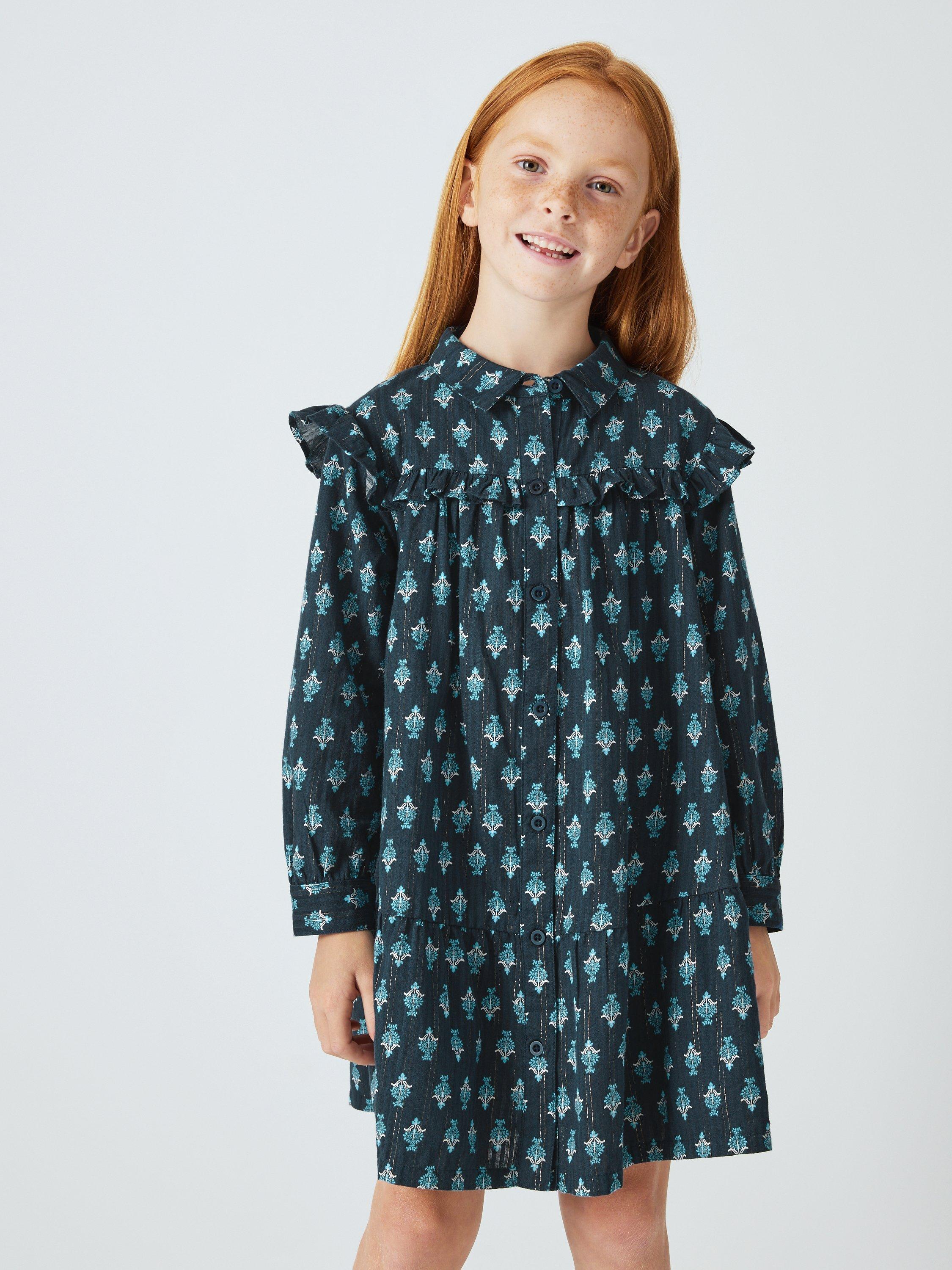 John Lewis Kids' Diamond Frill Yoke Shirt Dress, Midnight Navy