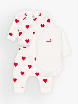 Petit Bateau Baby Hearts Organic Cotton Bodysuit with Cardigan & Trousers Set, Marshmallow/Terkuit, Marshmallow/Terkuit