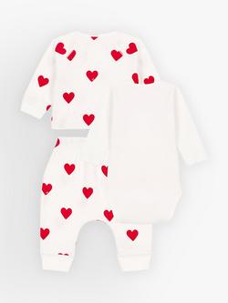 Petit Bateau Baby Hearts Organic Cotton Bodysuit with Cardigan & Trousers Set, Marshmallow/Terkuit - view 2, Marshmallow/Terkuit