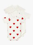 Petit Bateau Baby Heart Print Romper, Pack of 3, Cream/Red
