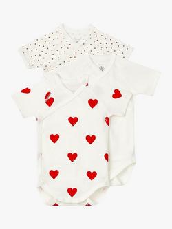 Petit Bateau Baby Heart Print Romper, Pack of 3, Cream/Red, Cream/Red