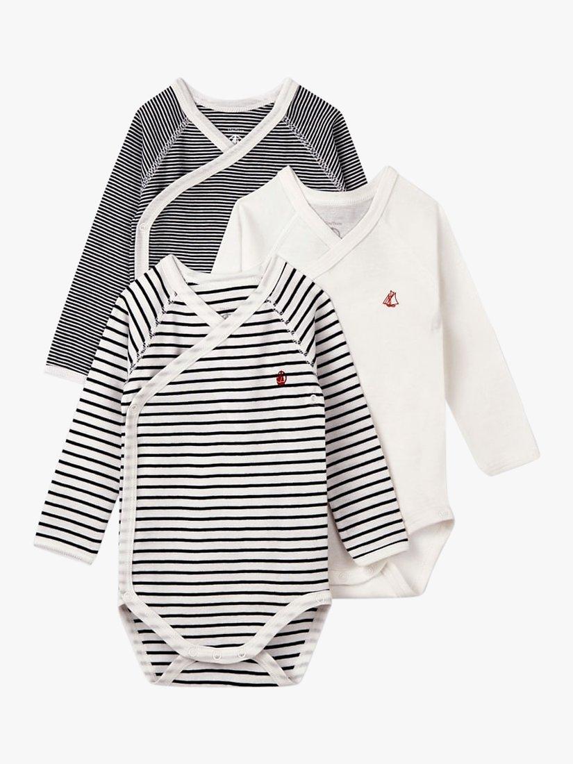 Product image 3 of 5, which shows Petit Bateau Stripe Baby Long Sleeve Wrap Bodysuit, Pack of 3, White/Multi, Newborn