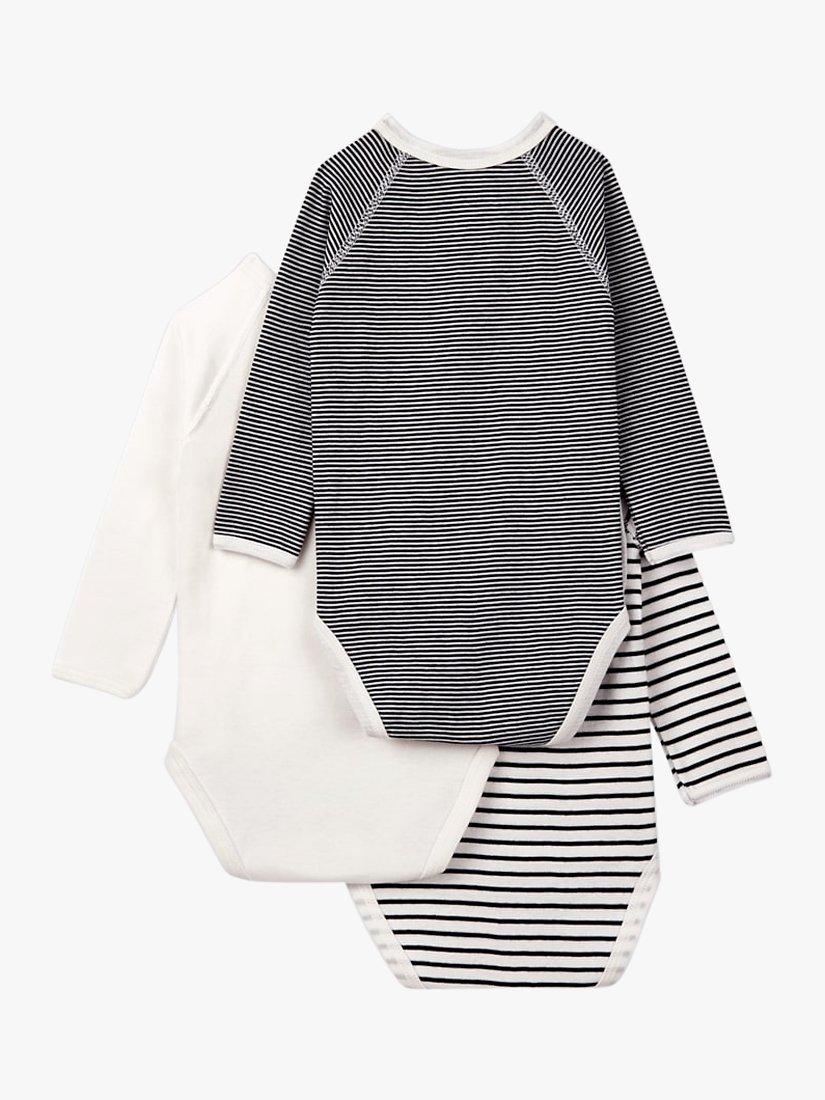 Product image 4 of 5, which shows Petit Bateau Stripe Baby Long Sleeve Wrap Bodysuit, Pack of 3, White/Multi, Newborn
