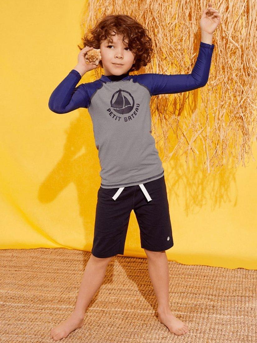 Product image 1 of 5, which shows Petit Bateau Kids' Stripe Graphic Long Sleeve T-Shirt, Navy, 3 years