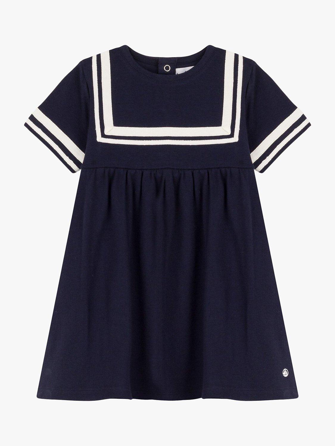 Petit Bateau Baby Organic Cotton Sailor Dress, Smoked Blue/White