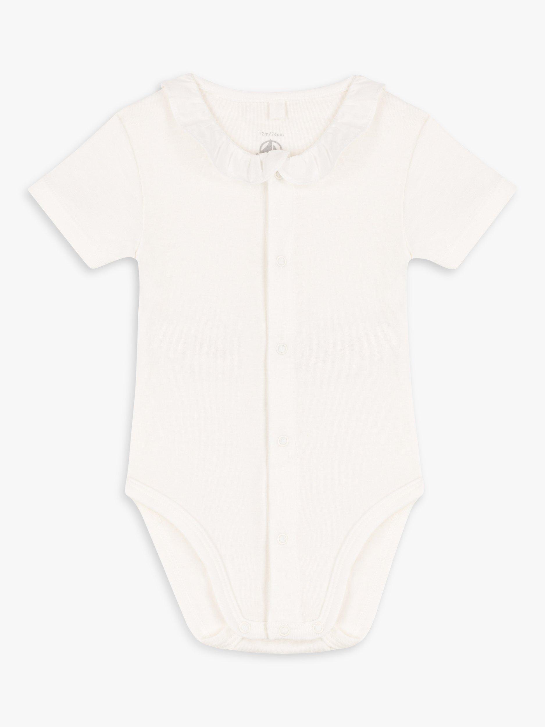 Petit Bateau Baby Short Sleeve Frill Neck Romper, Marshmallow