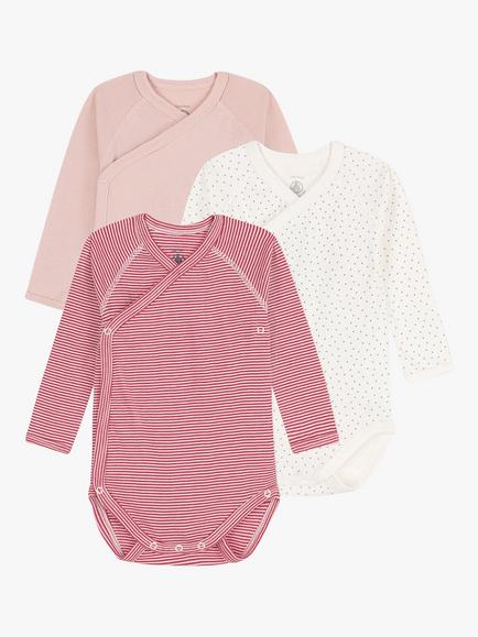 Petit Bateau Baby Stripe Spot and Plain Bodysuit, Pack of 3, Pink/Multi, Pink/Multi