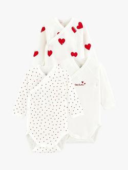 Petit Bateau Baby Heart Organic Cotton Long Sleeve Wrap Bodysuit, Pack of 3 - view 2, Marshmallow/Terkuit