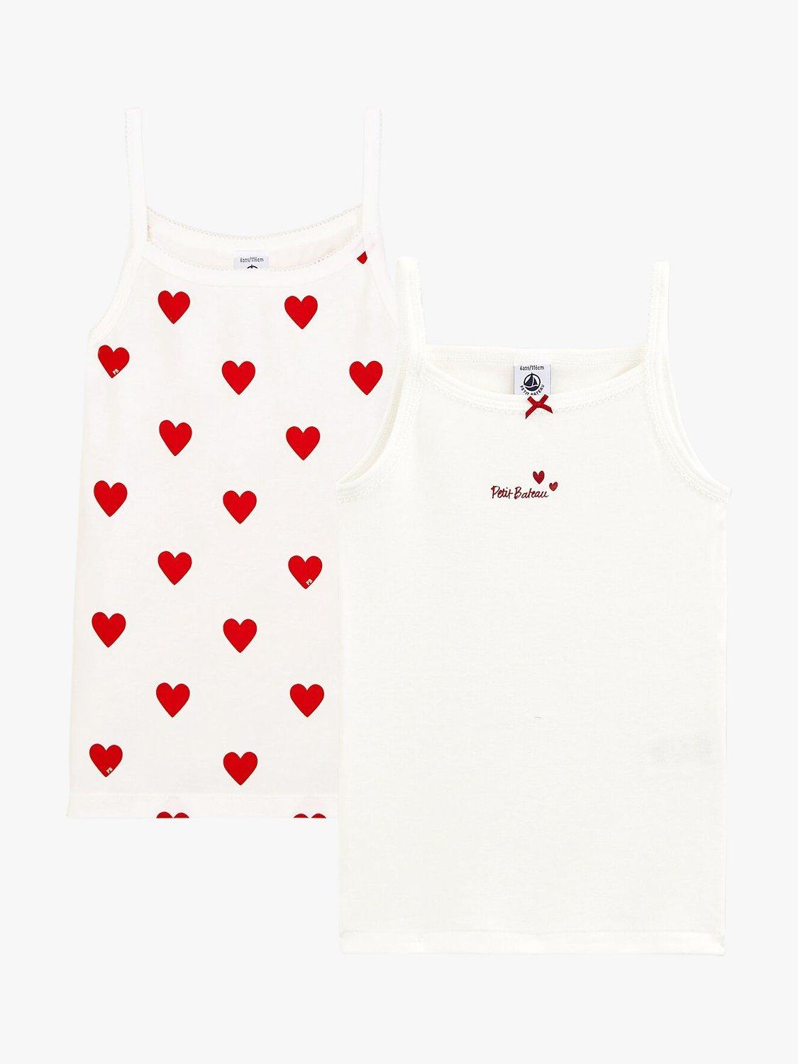 Product image 3 of 3, which shows Petit Bateau Kids' Heart Print Cotton Vests, Pack of 2, White/Red, 2 years
