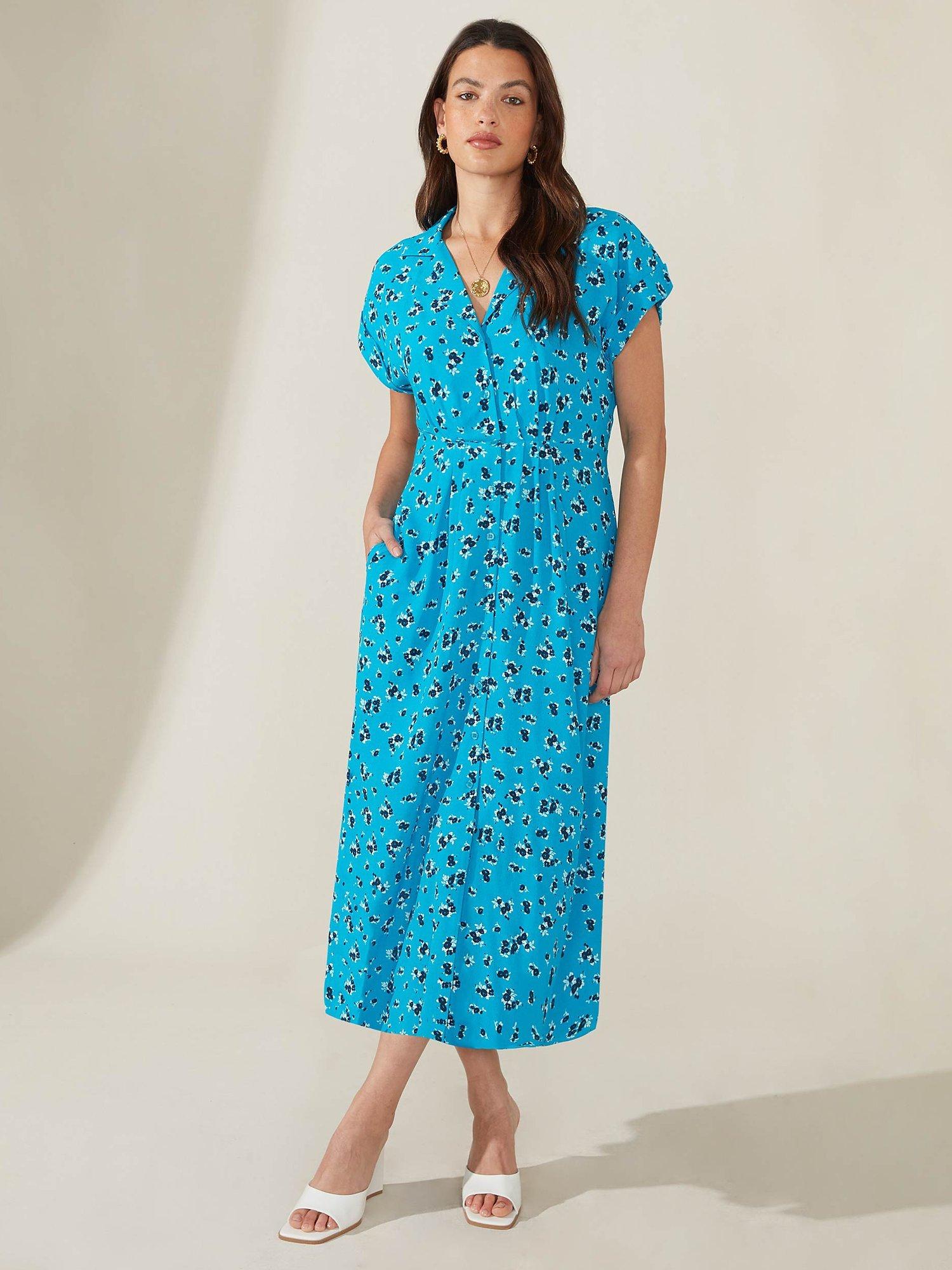 Ro&Zo Turn Back Cuff Floral Shirt Midi Dress, Blue/Multi
