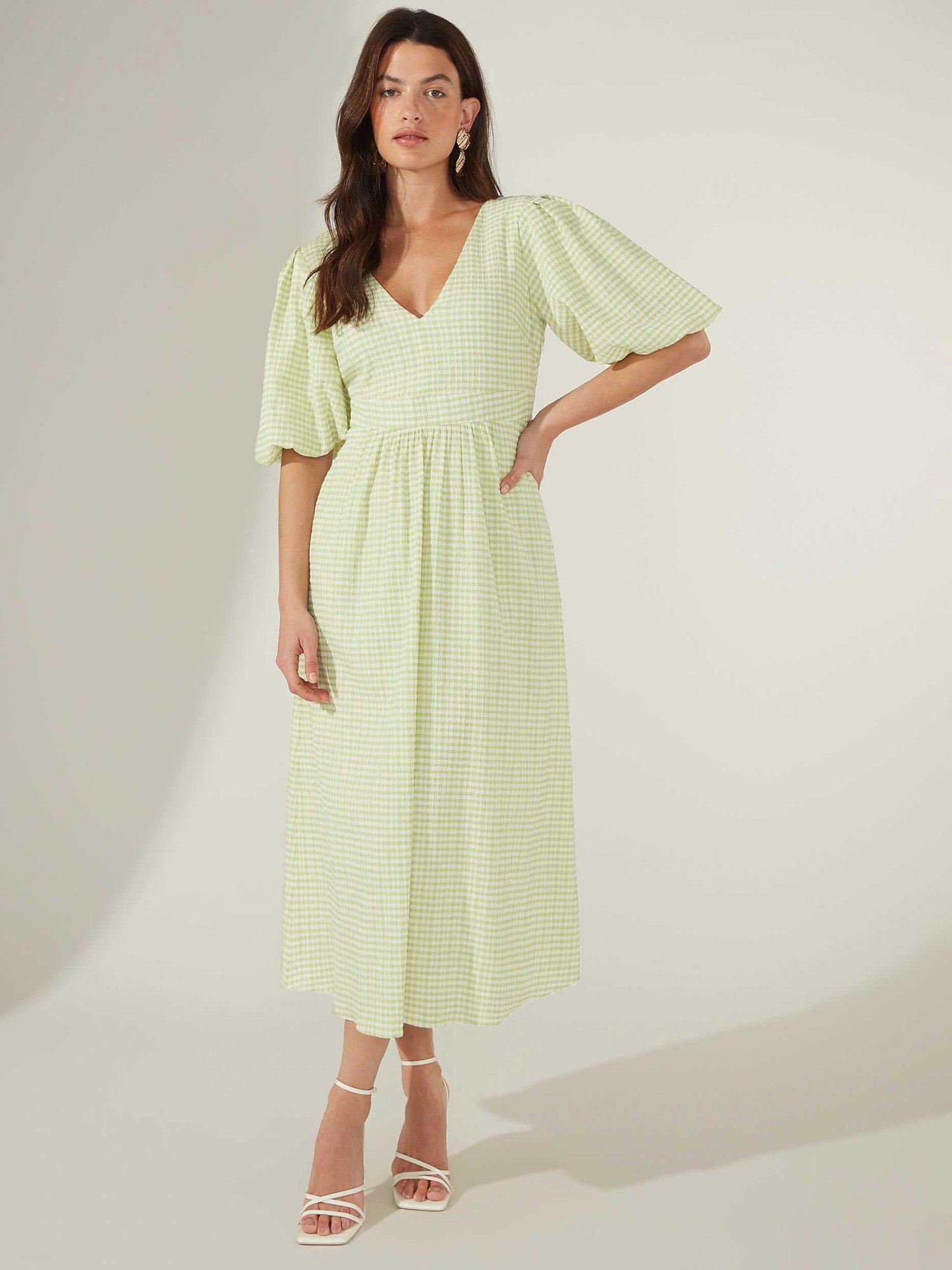 Ro&Zo Gingham V-Neck Puff Sleeve Midi Dress, Green