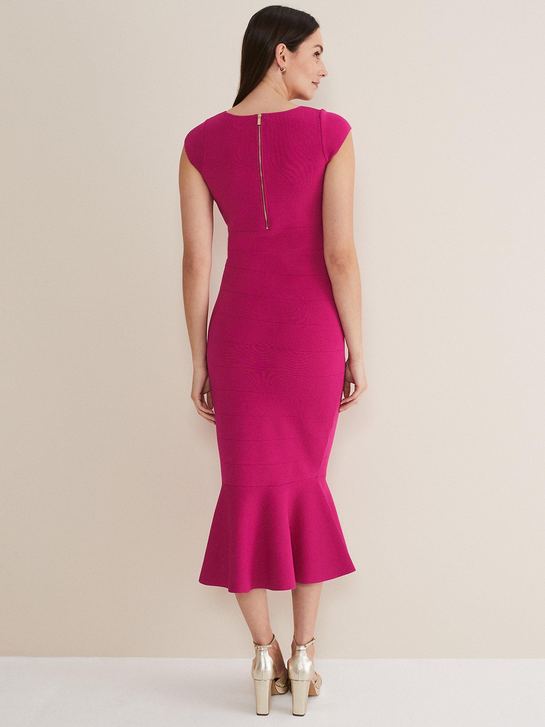 Product image 2 of 7, which shows Phase Eight Martha Bandage Midi Dress, Magenta, 14