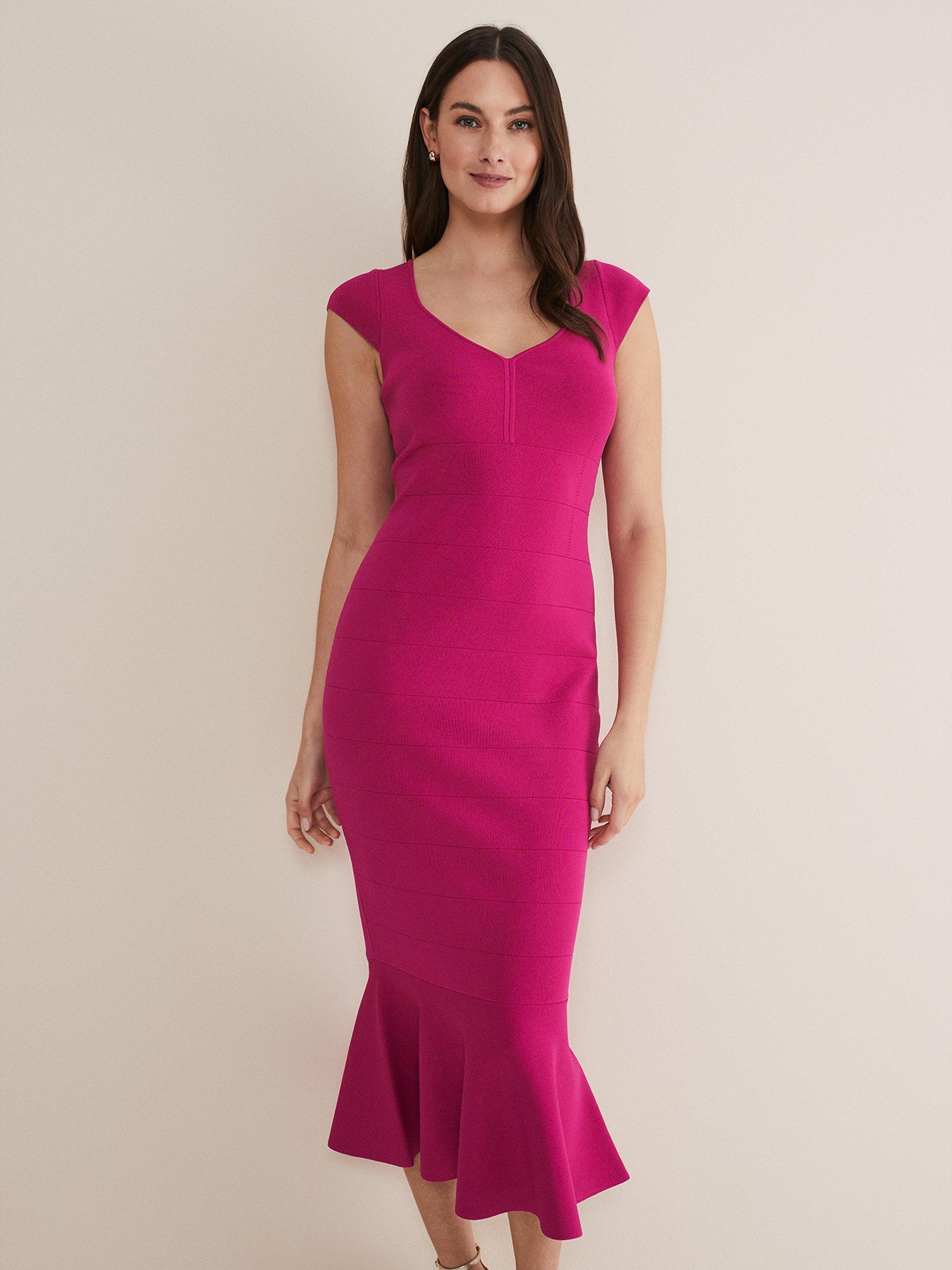 Product image 3 of 7, which shows Phase Eight Martha Bandage Midi Dress, Magenta, 14