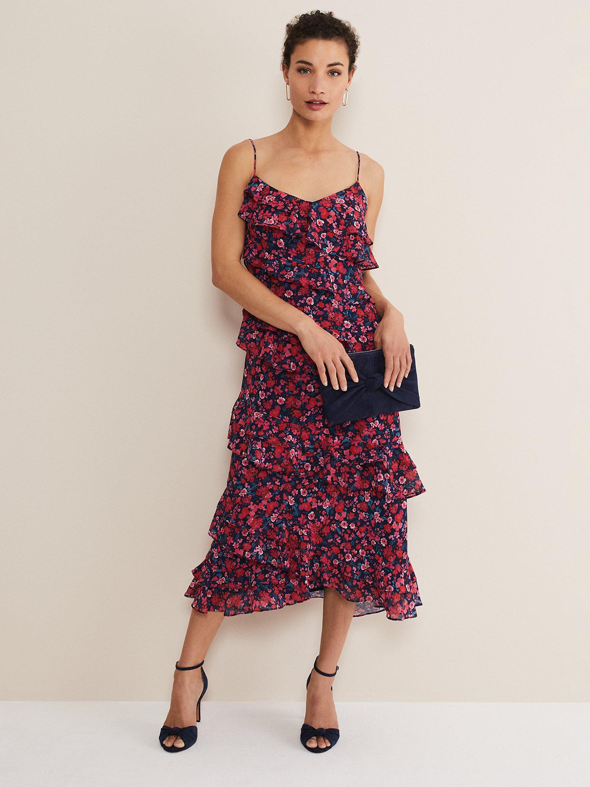 Phase Eight Ballie Strappy Asymmetric Frill Dress, Navy/Multi