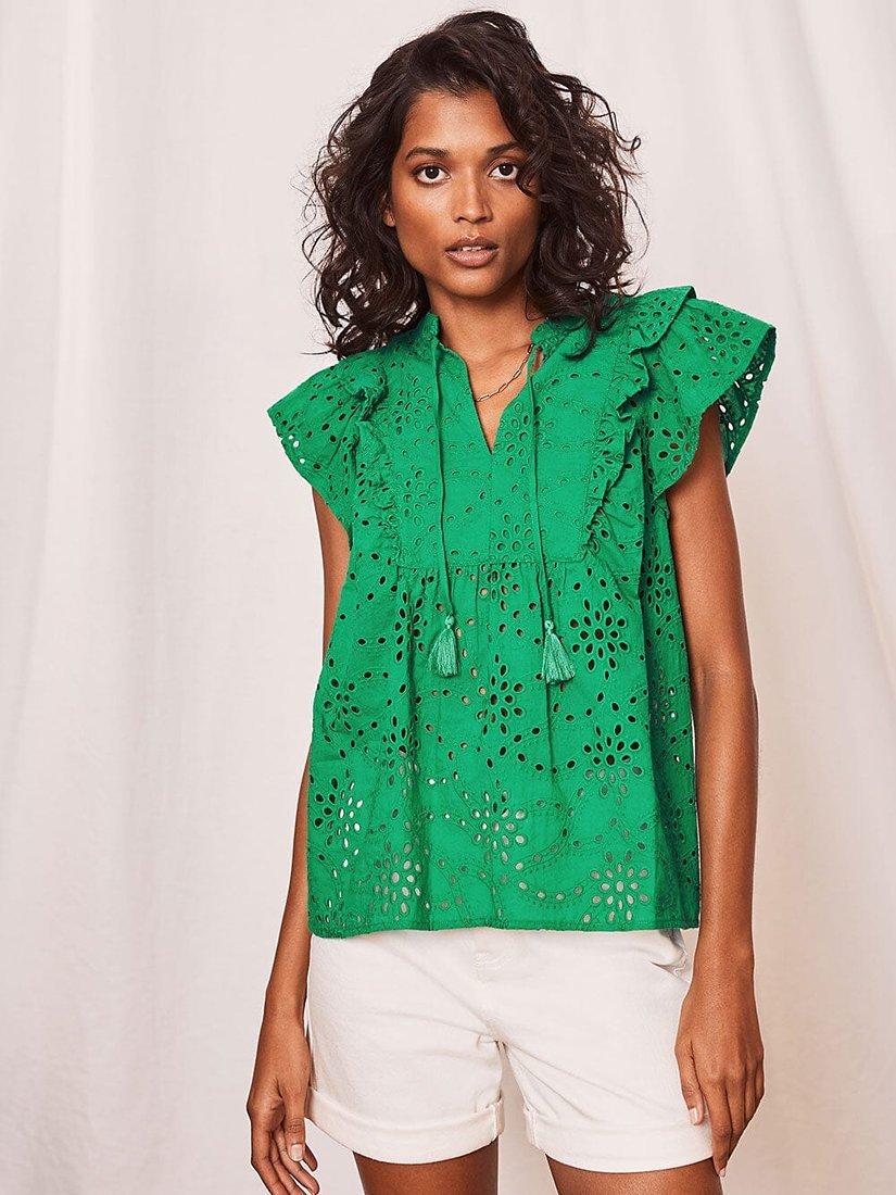 Mint Velvet Ruffle Broderie Anglaise Blouse, Green