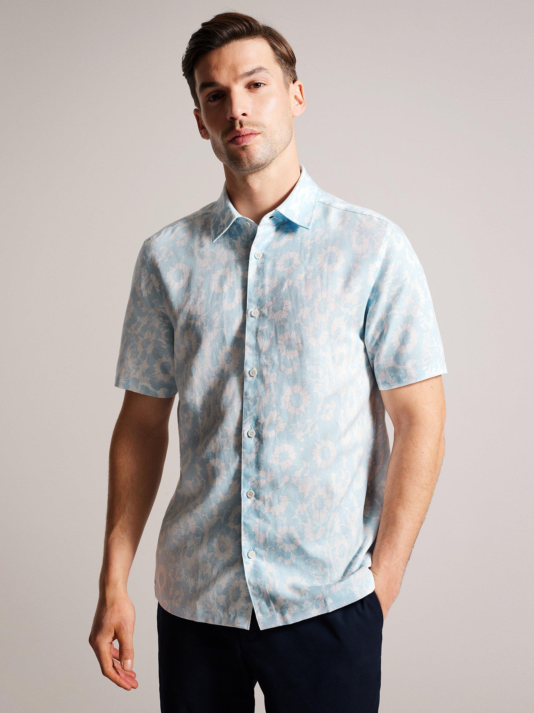Ted Baker Flaisby Linen Blend Floral Short Sleeve Shirt, Light Blue