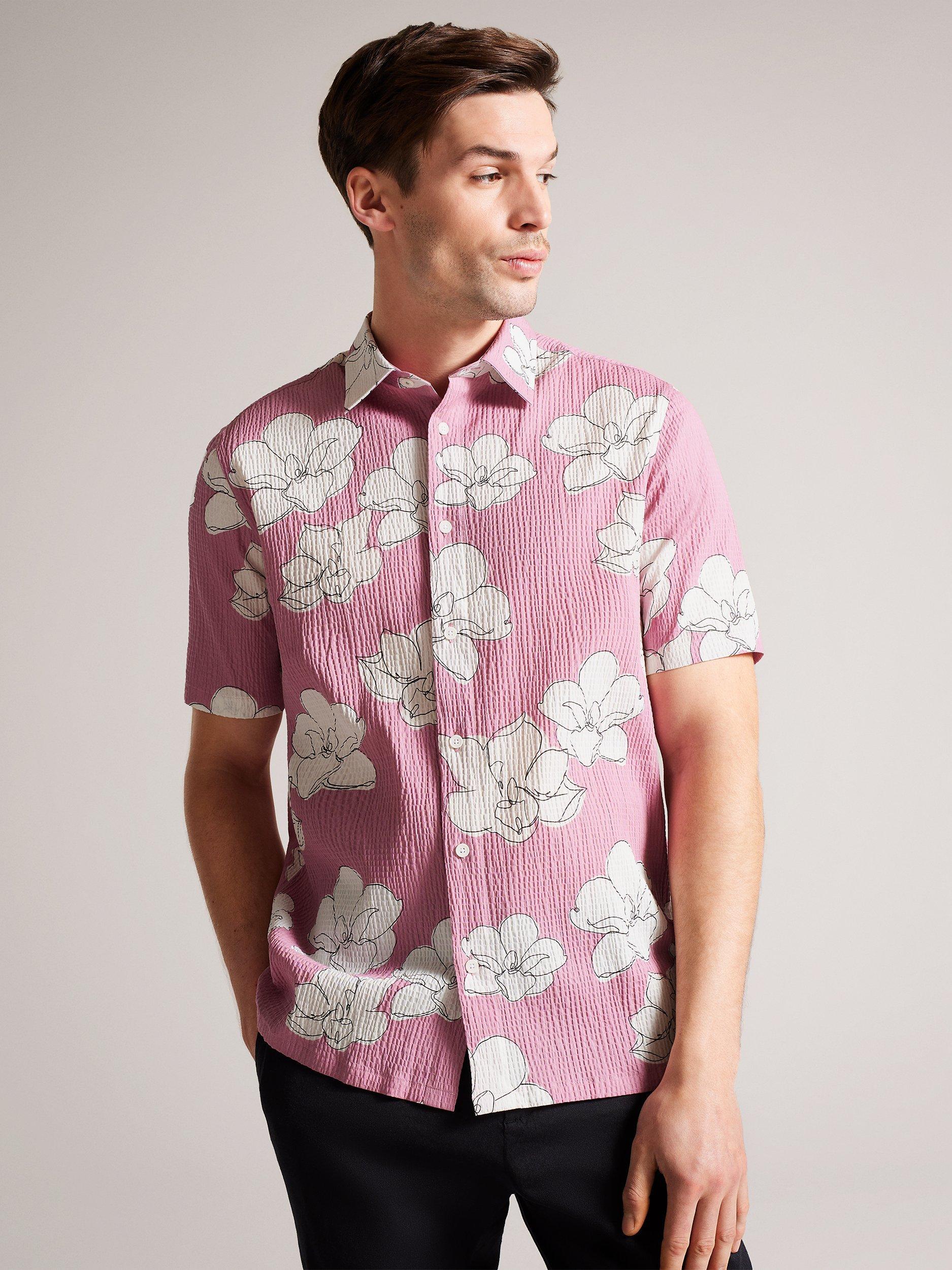 Ted Baker Coving Short Sleeve Seersucker Floral Shirt, Mid Pink