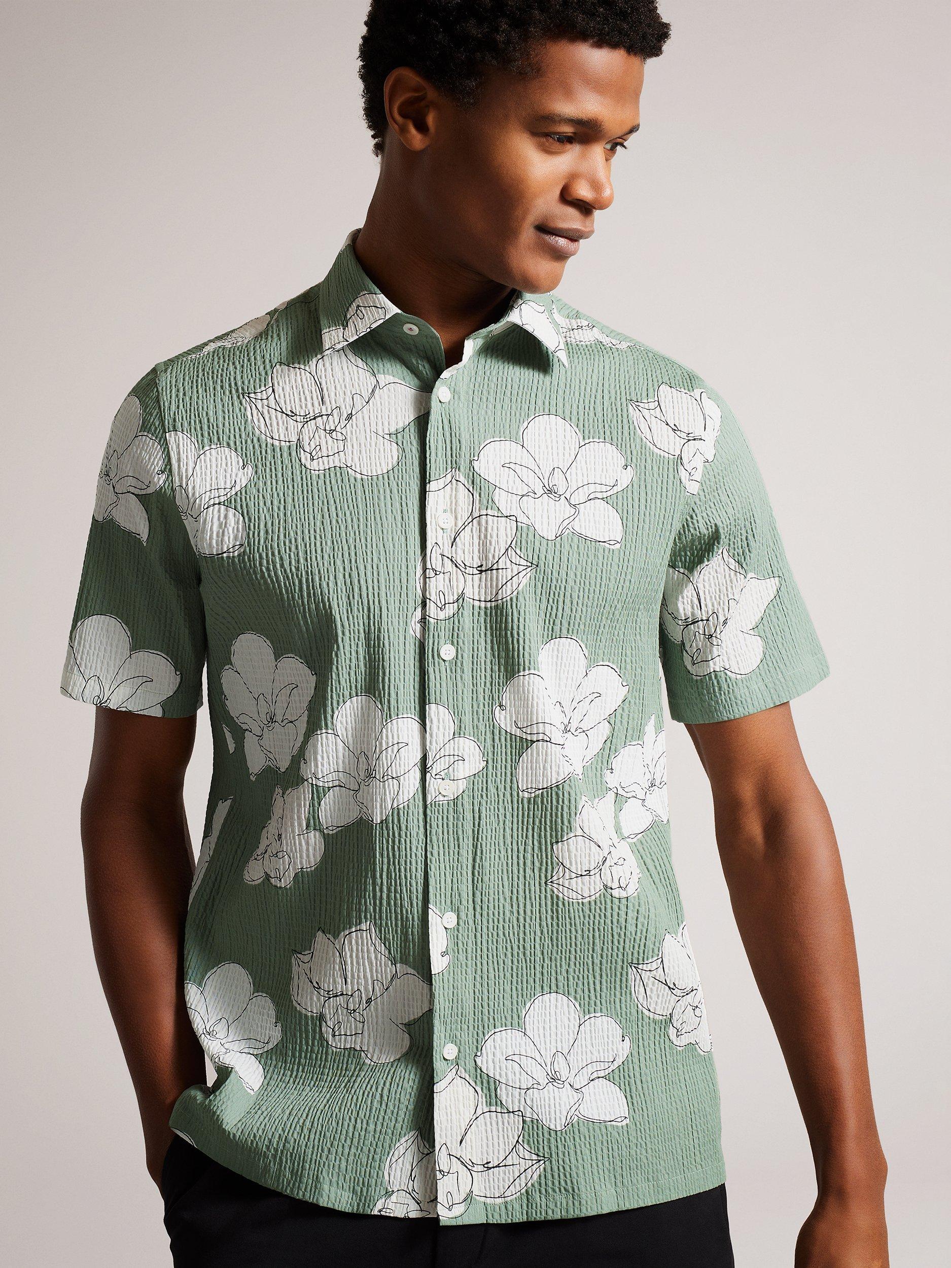 Ted Baker Coving Short Sleeve Seersucker Floral Shirt, Light Green