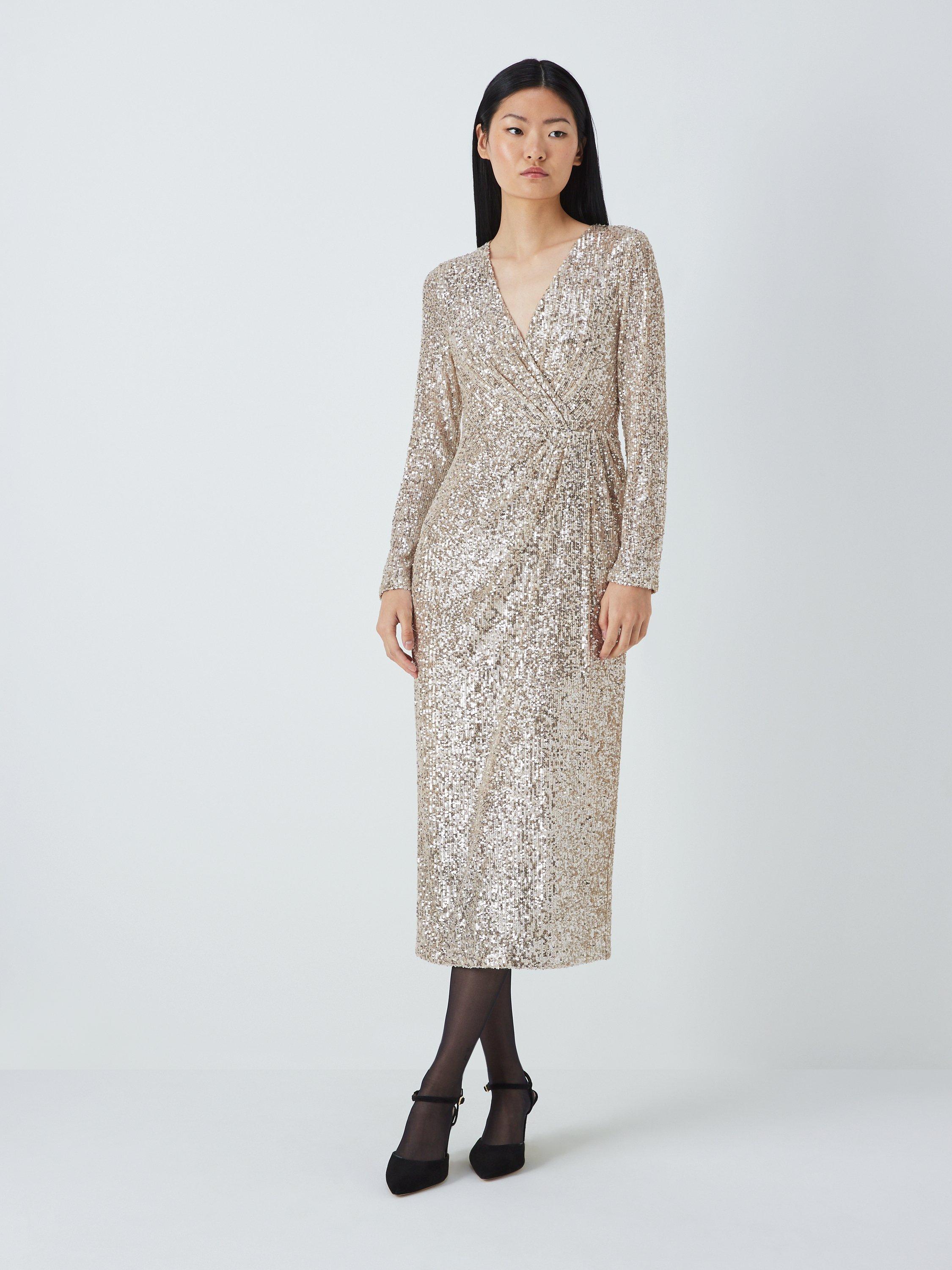 John Lewis Sequin Wrap Dress, Gold