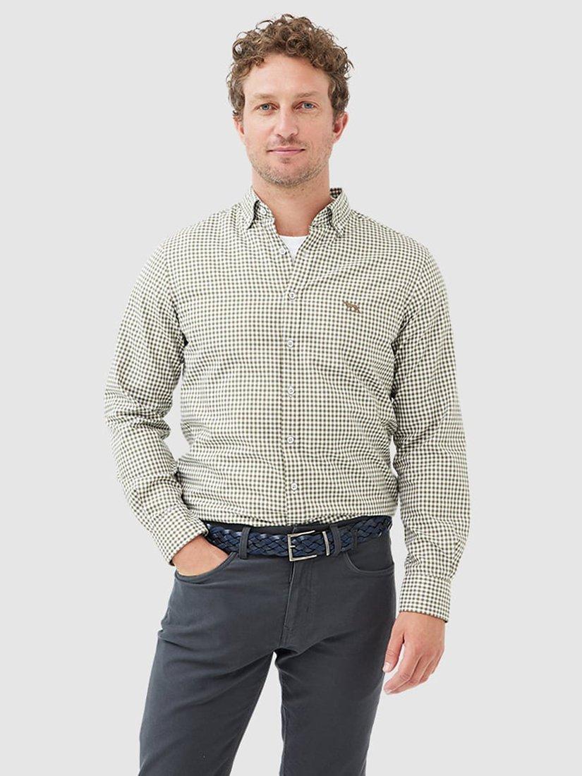 Product image 1 of 5, which shows Rodd & Gunn Gunn Superfine Oxford Gingham Check Slim Fit Long Sleeve Shirt, Brown/White, XS